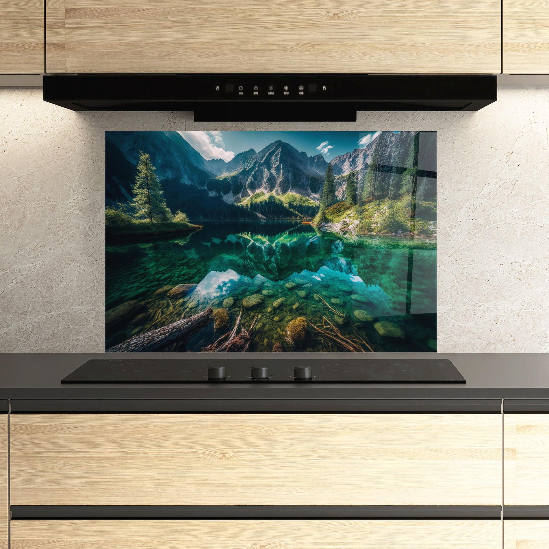 Panou Sticla Bucatarie Beautiful Lake Mountain mockup 3