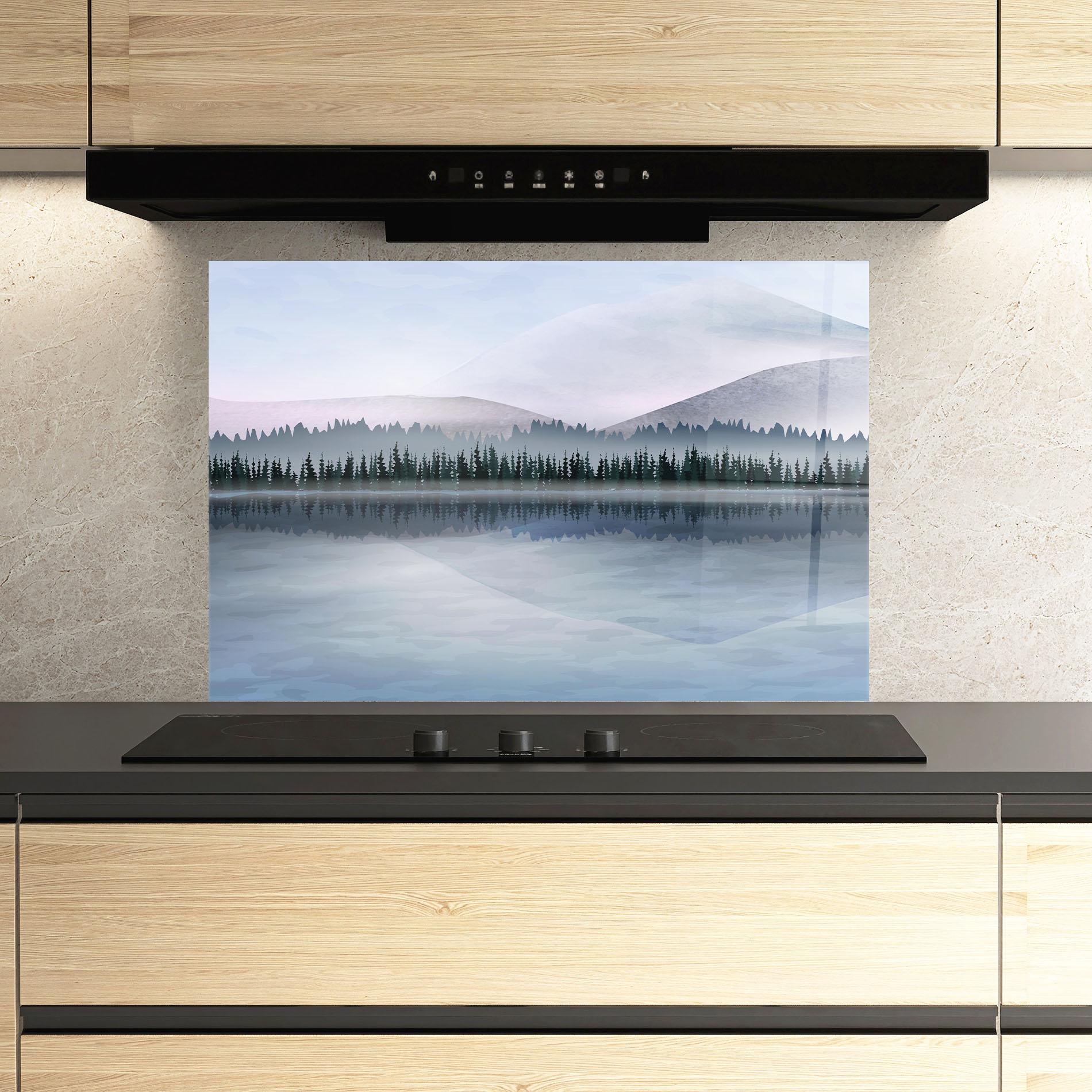 Panou Sticla Bucatarie Grey Lake Trees mockup 3