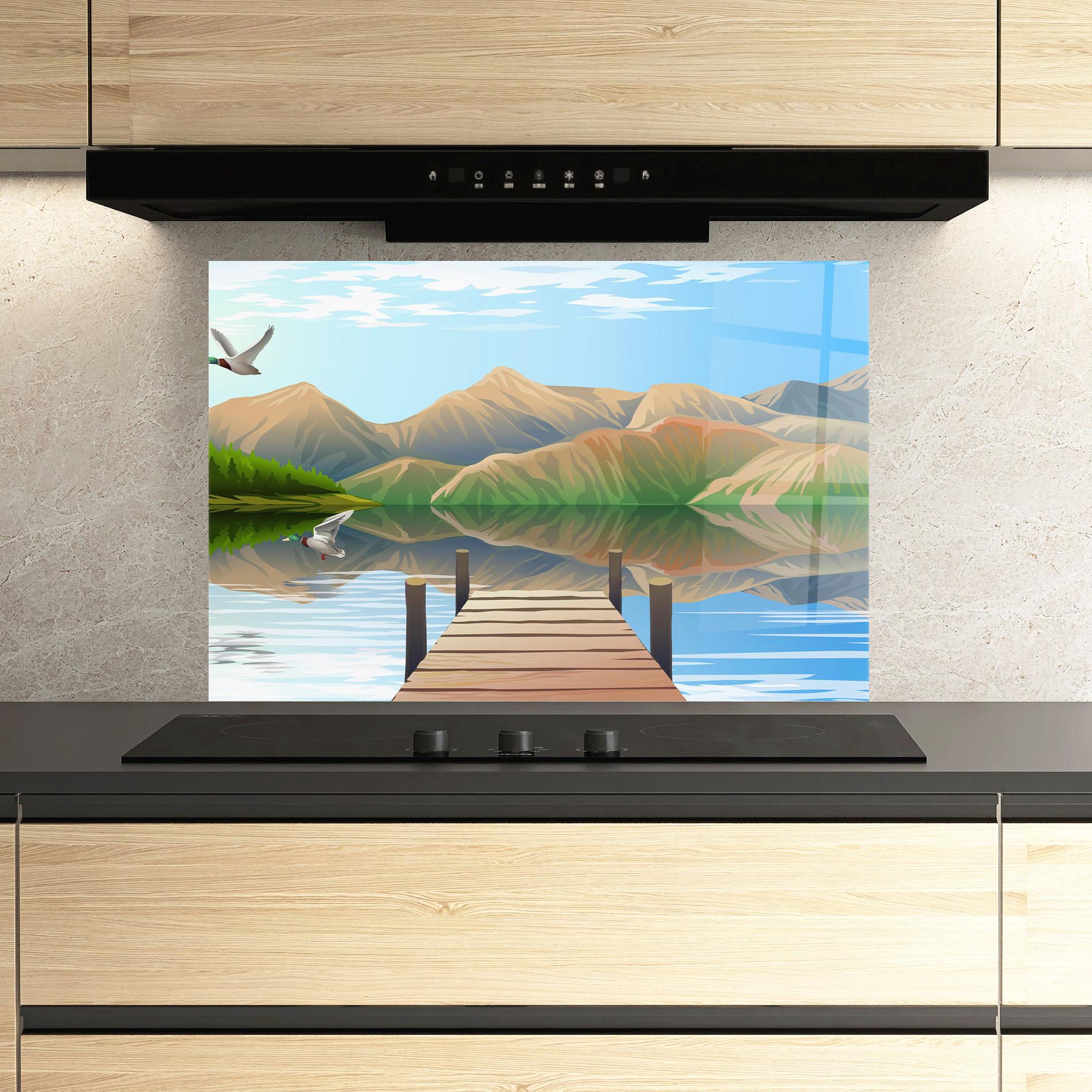 Panou Sticla Bucatarie Morning Lake mockup 3