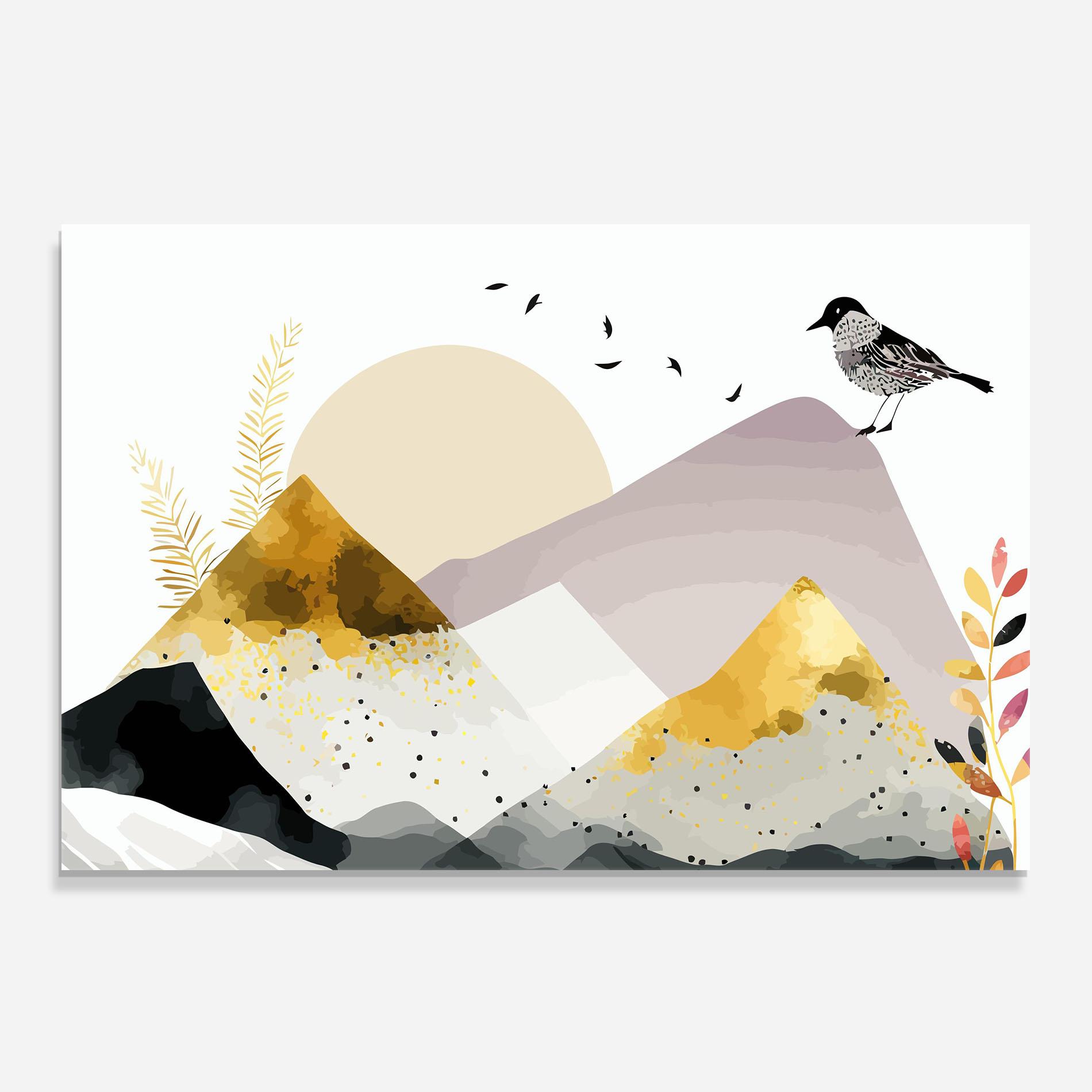 Panou Sticla Bucatarie Bird Gold Mountain mockup 0