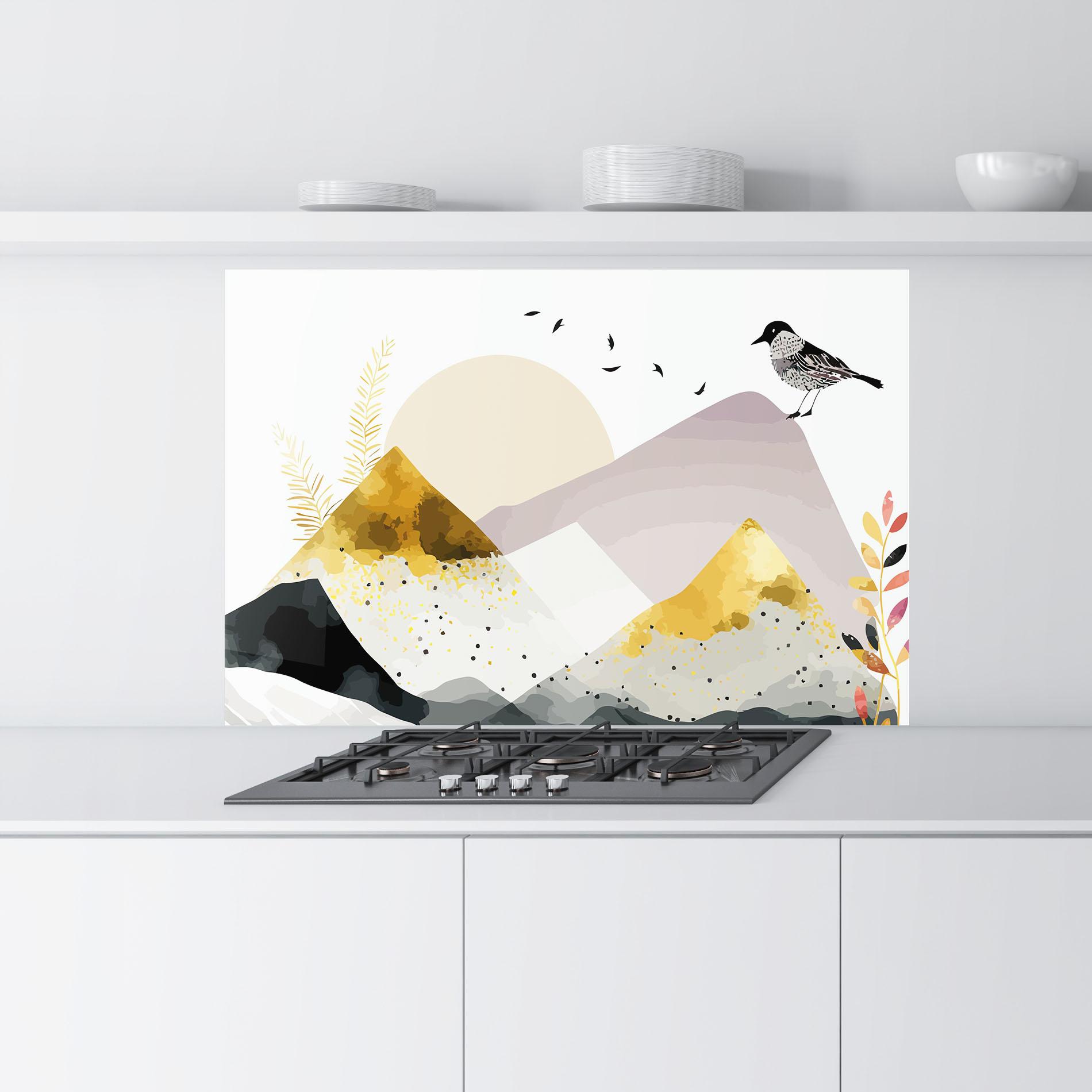 Panou Sticla Bucatarie Bird Gold Mountain mockup 9