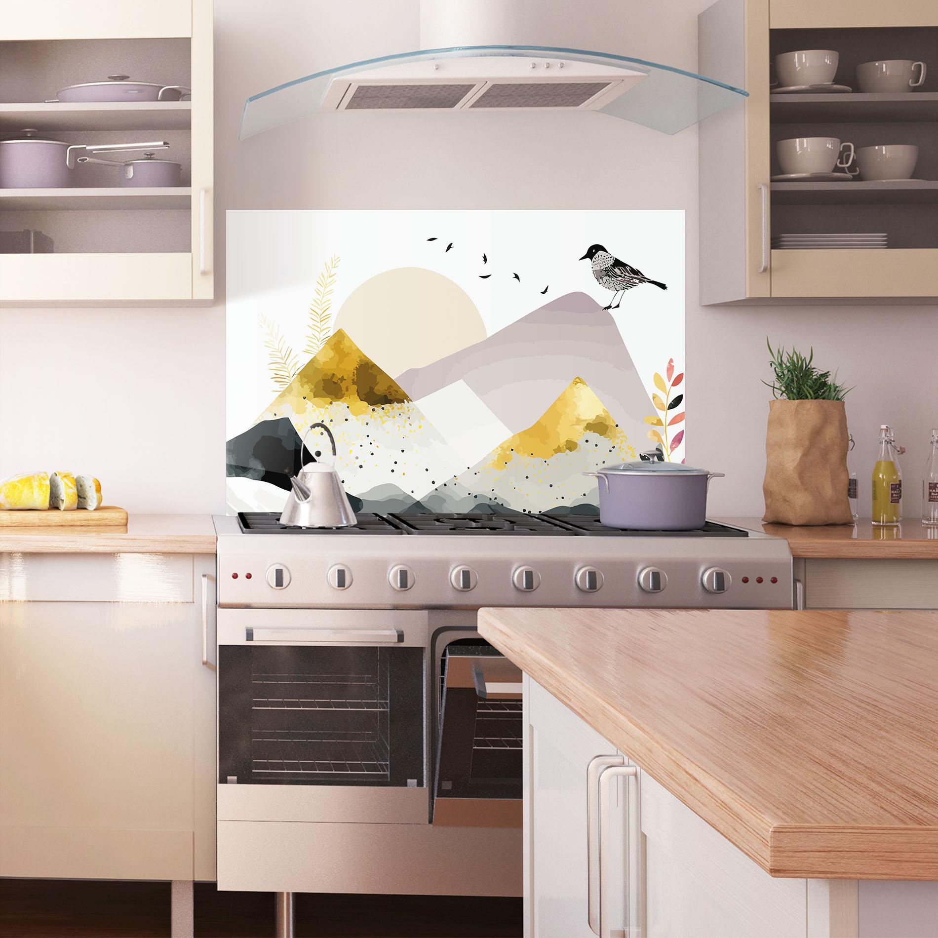 Panou Sticla Bucatarie Bird Gold Mountain mockup 1