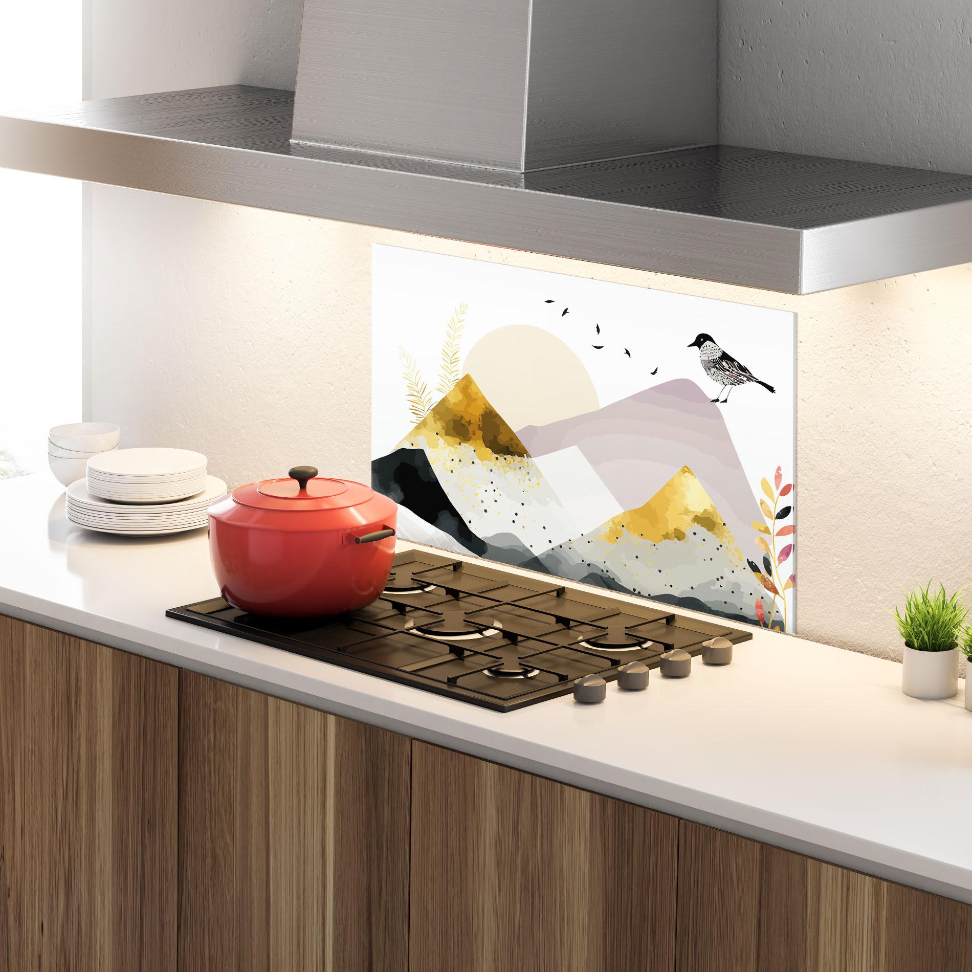 Panou Sticla Bucatarie Bird Gold Mountain mockup 4