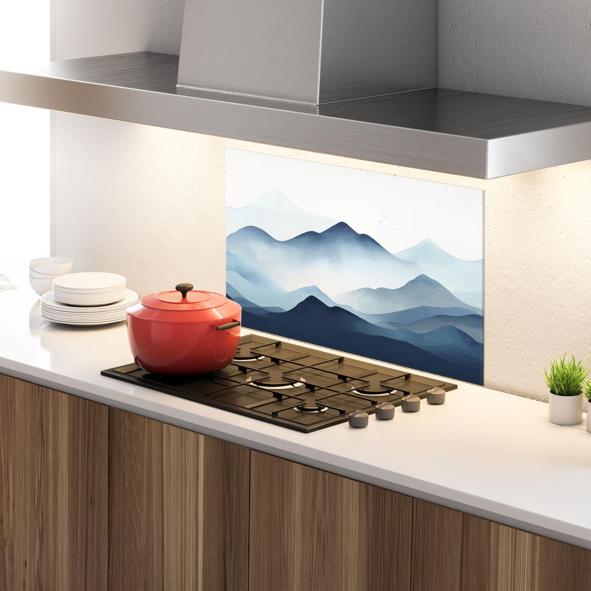 Panou Sticla Bucatarie Blue Foggy Mountain mockup 4