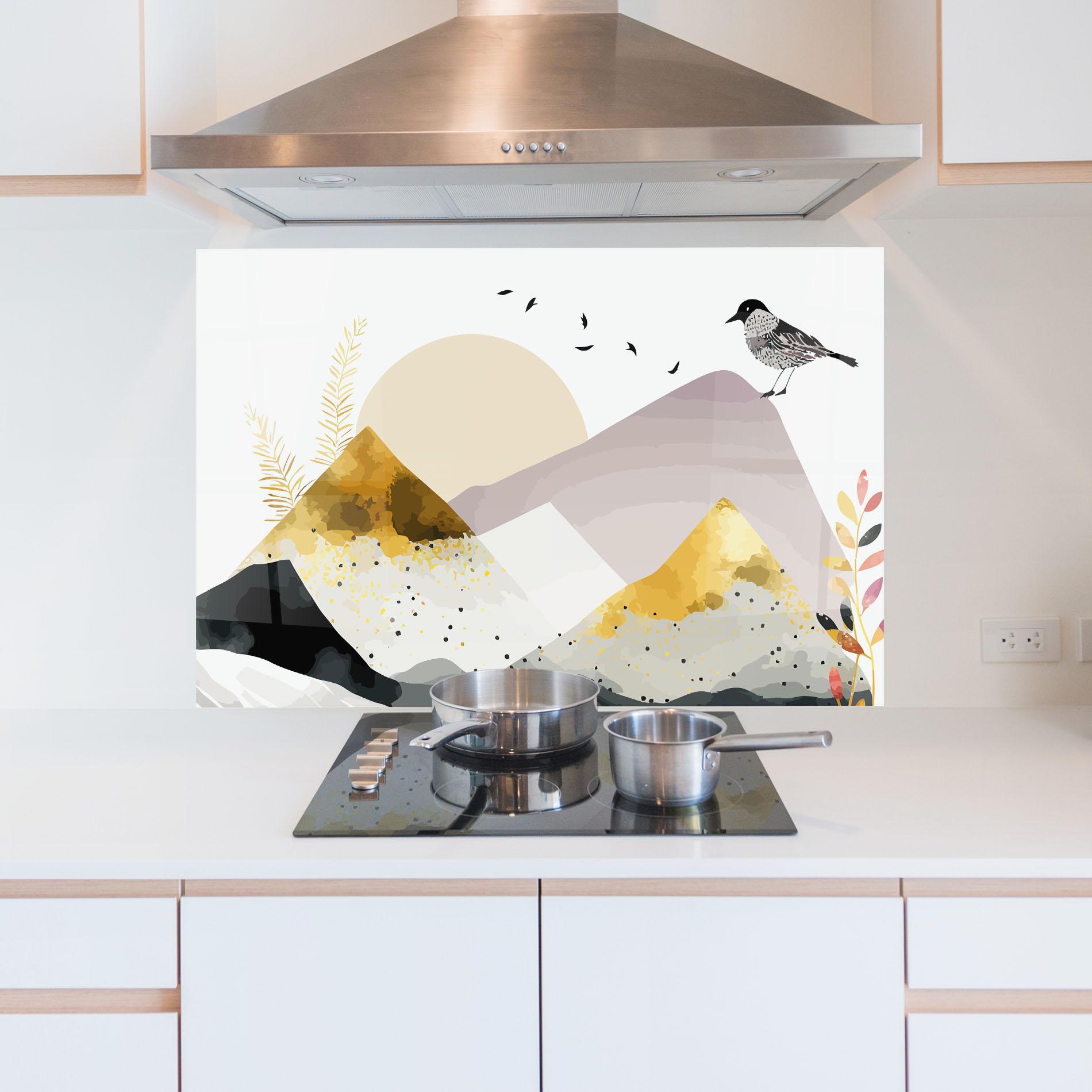 Panou Sticla Bucatarie Bird Gold Mountain mockup 5