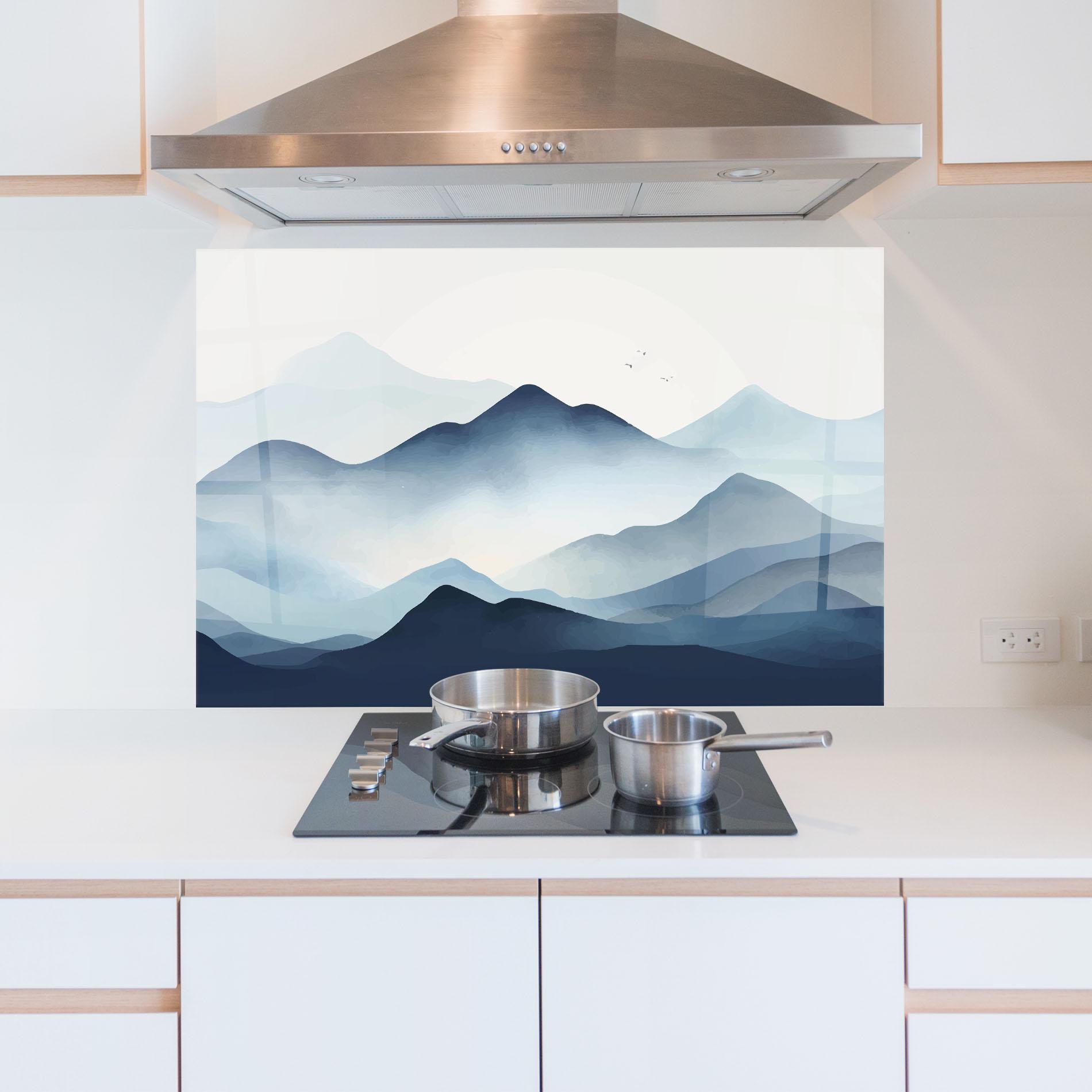 Panou Sticla Bucatarie Blue Foggy Mountain mockup 5