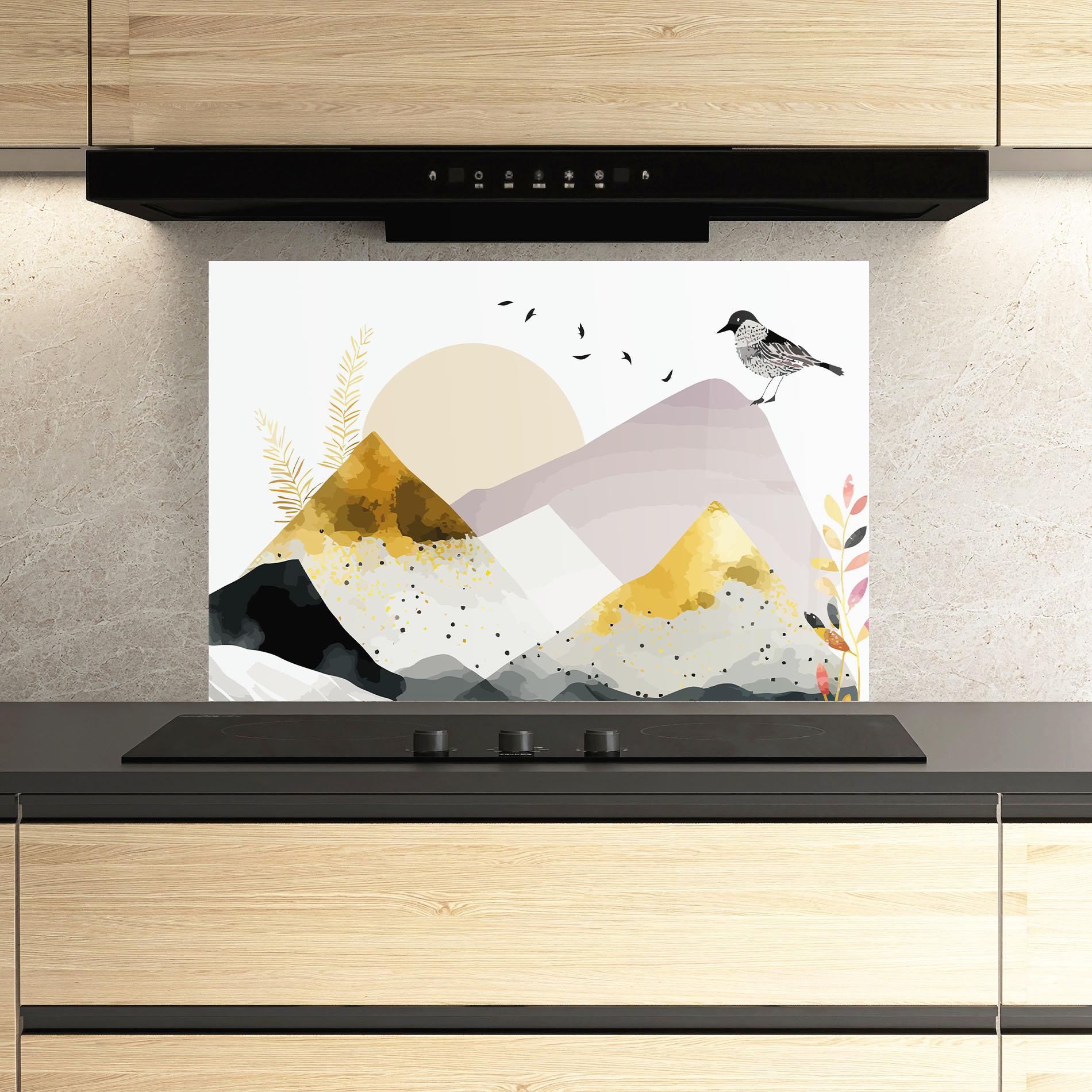Panou Sticla Bucatarie Bird Gold Mountain mockup 3