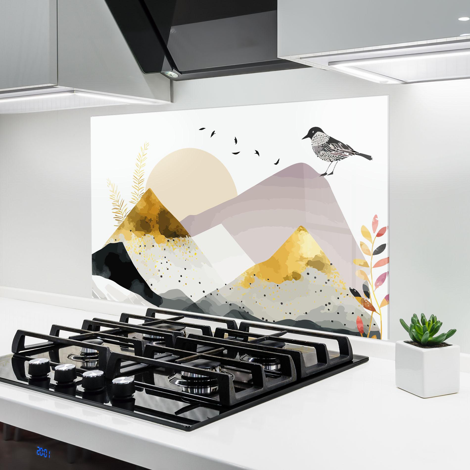 Panou Sticla Bucatarie Bird Gold Mountain mockup 6