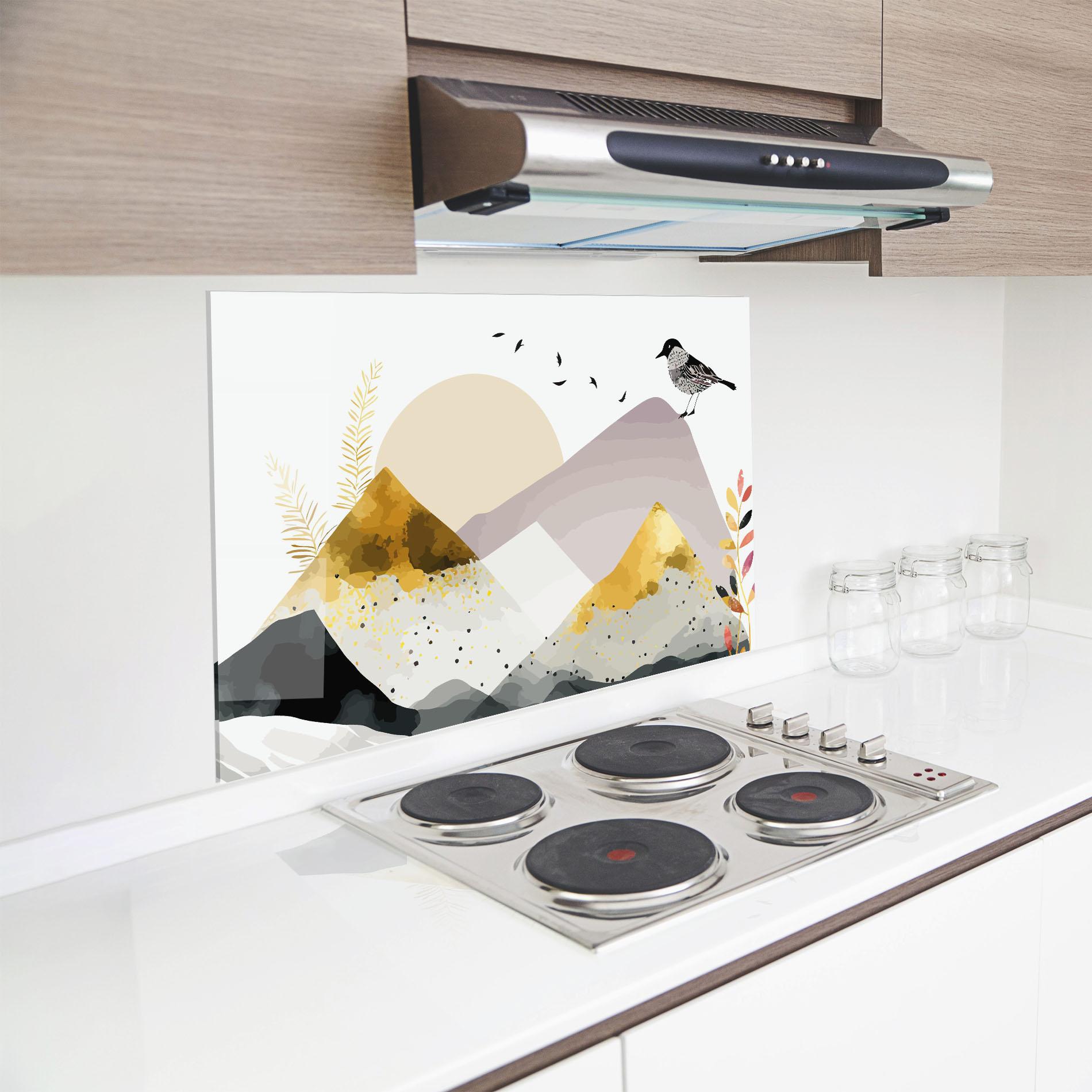 Panou Sticla Bucatarie Bird Gold Mountain mockup 8