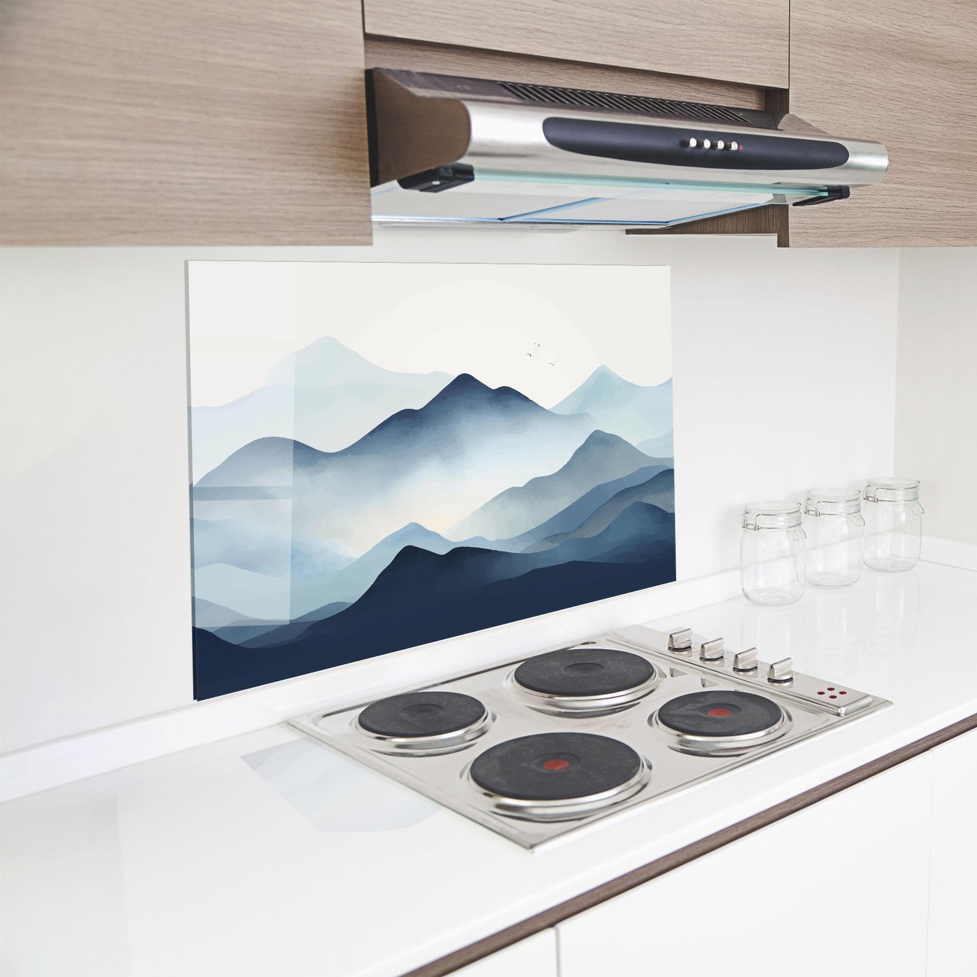 Panou Sticla Bucatarie Blue Foggy Mountain mockup 8