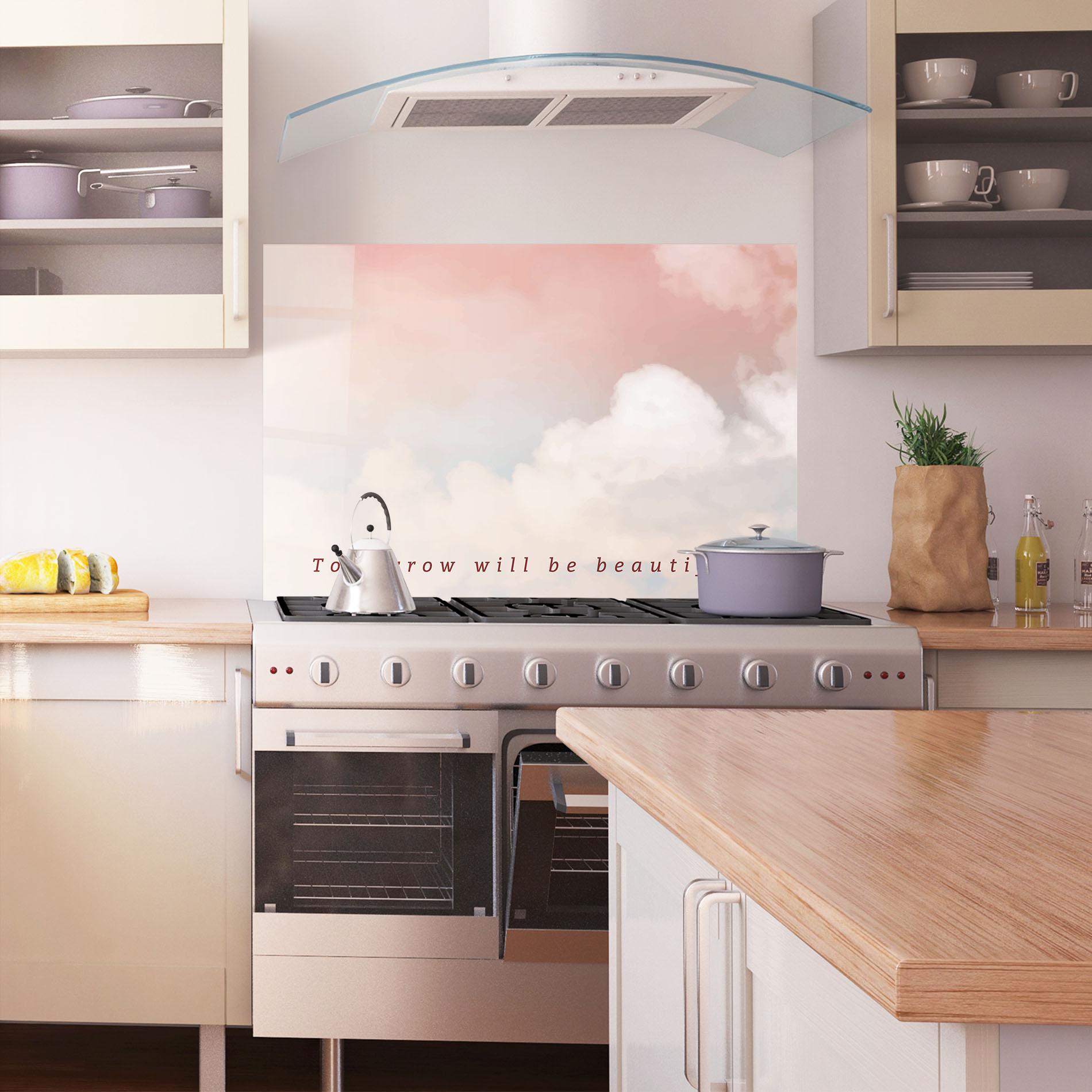 Panou Sticla Bucatarie Clouds Text Pink Blue mockup 1