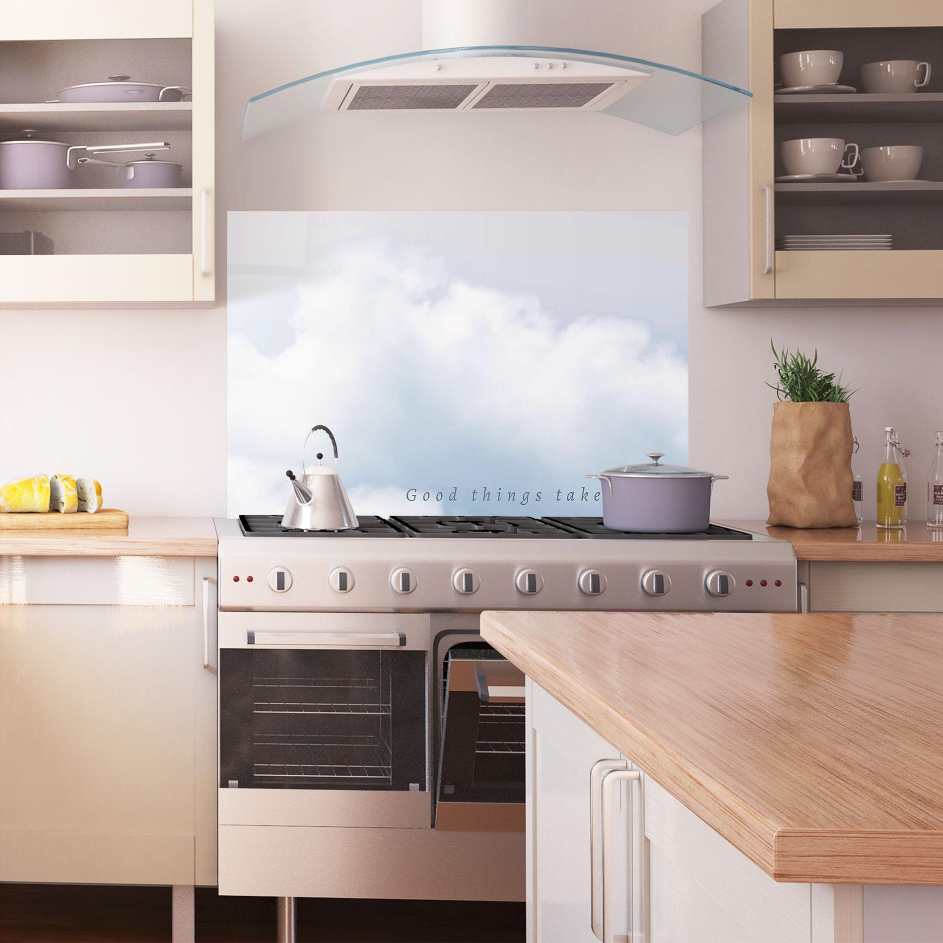 Panou Sticla Bucatarie Clouds Text White mockup 1