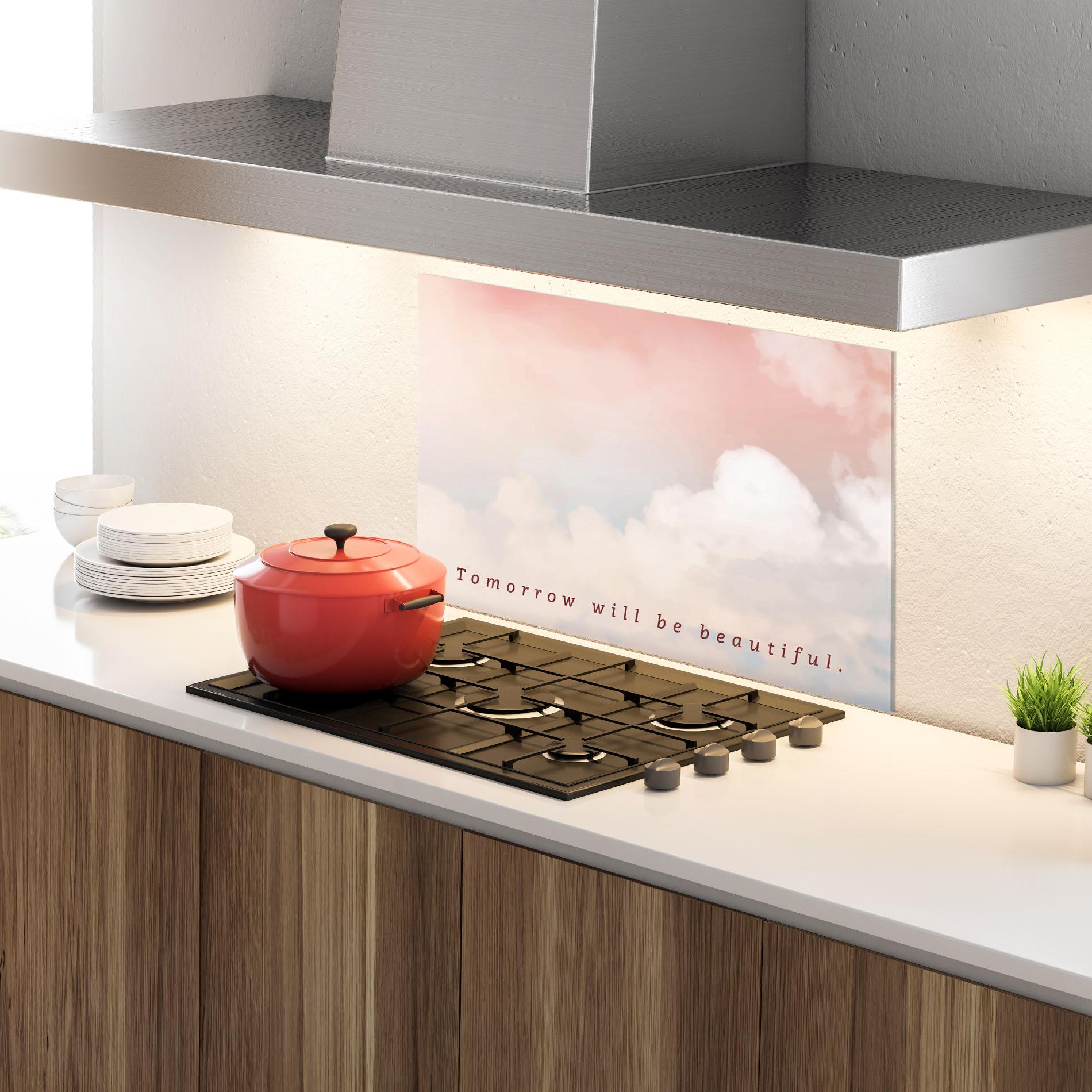 Panou Sticla Bucatarie Clouds Text Pink Blue mockup 4