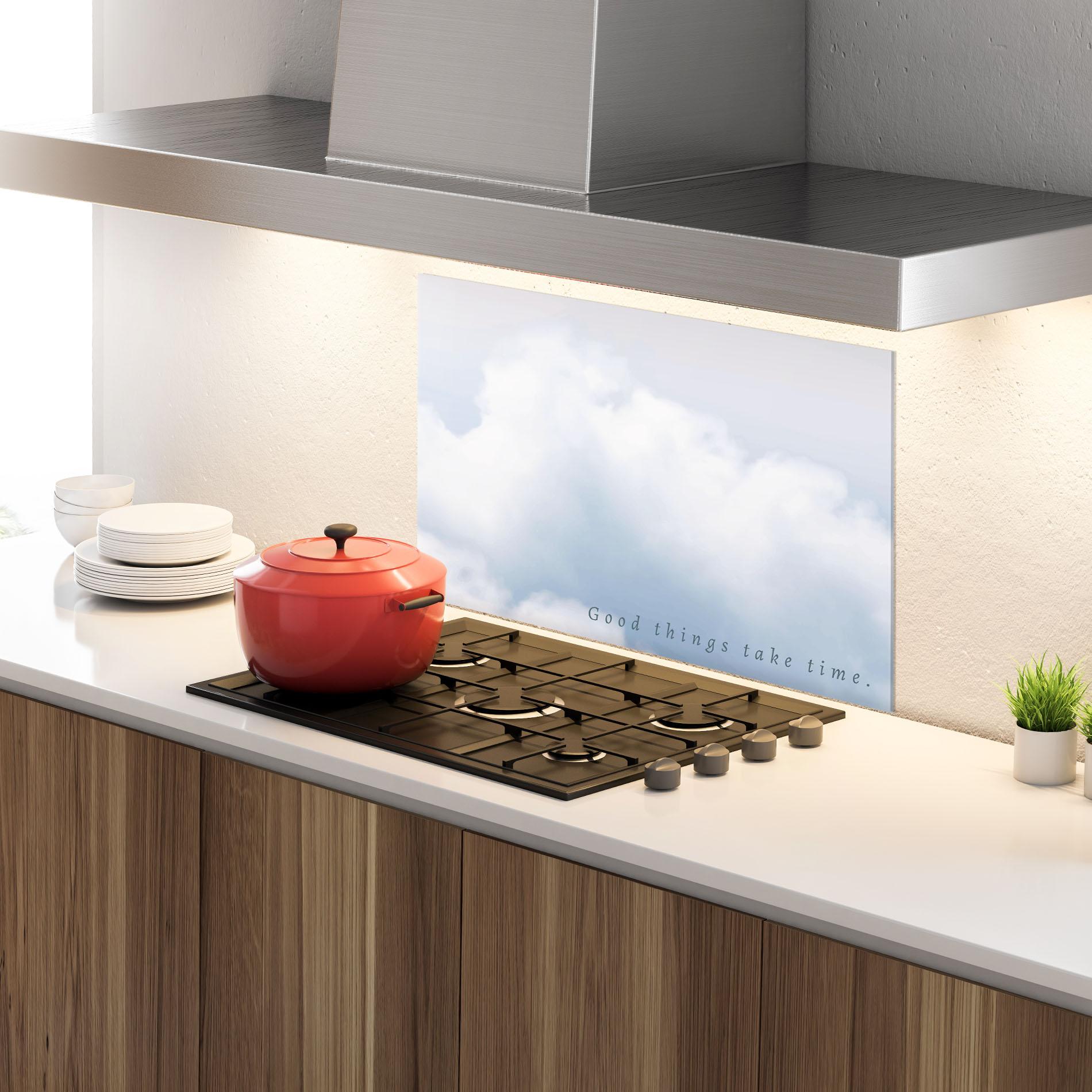 Panou Sticla Bucatarie Clouds Text White mockup 4