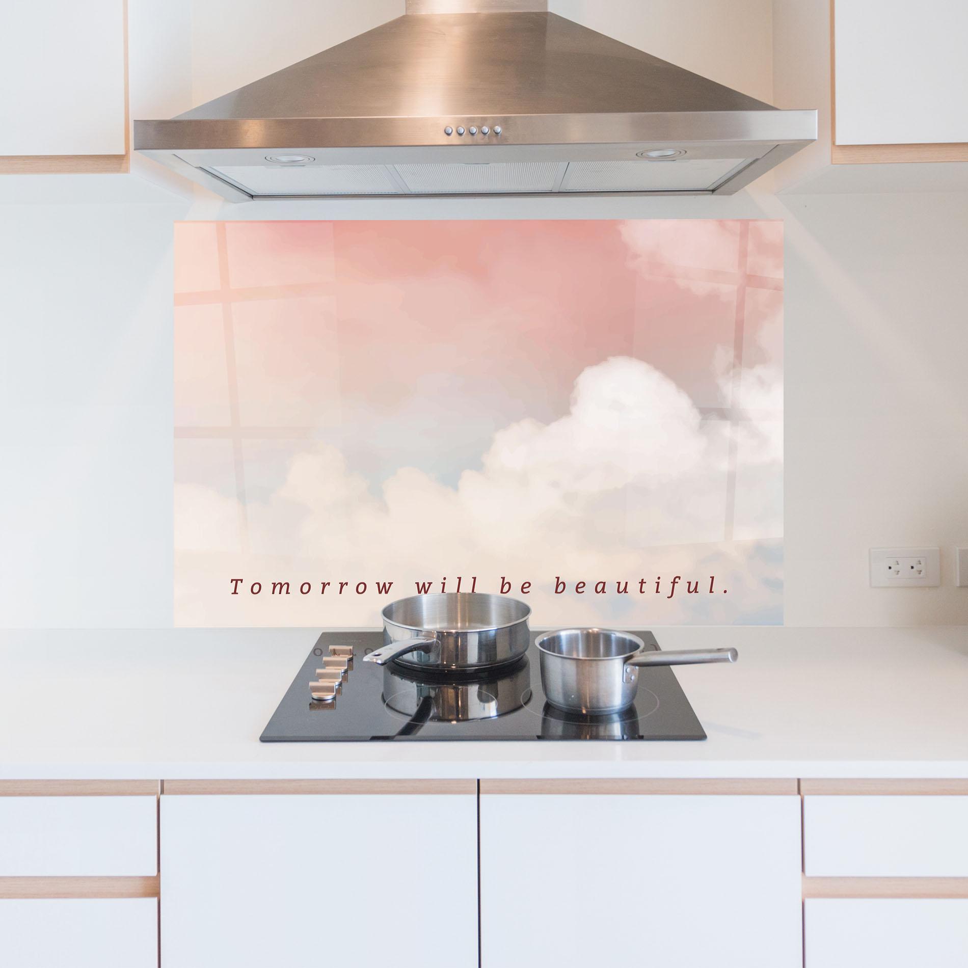 Panou Sticla Bucatarie Clouds Text Pink Blue mockup 5