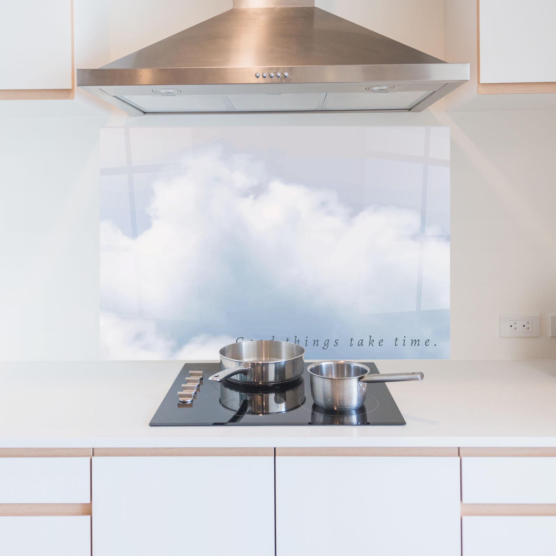 Panou Sticla Bucatarie Clouds Text White mockup 5