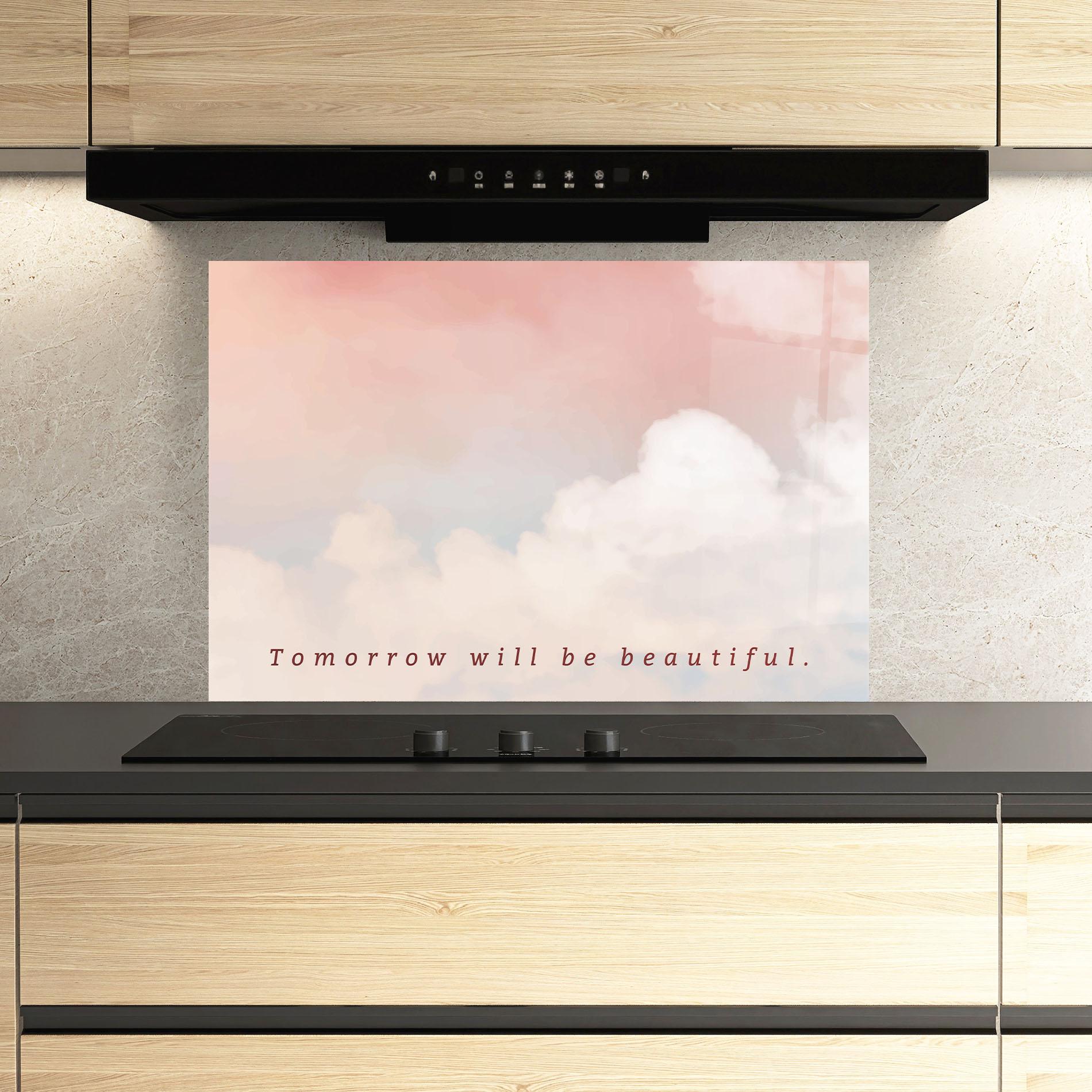 Panou Sticla Bucatarie Clouds Text Pink Blue mockup 3