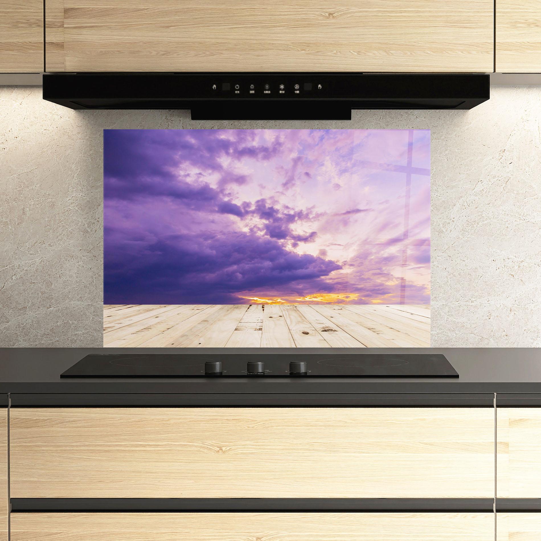 Panou Sticla Bucatarie Wood Table Clouds mockup 3