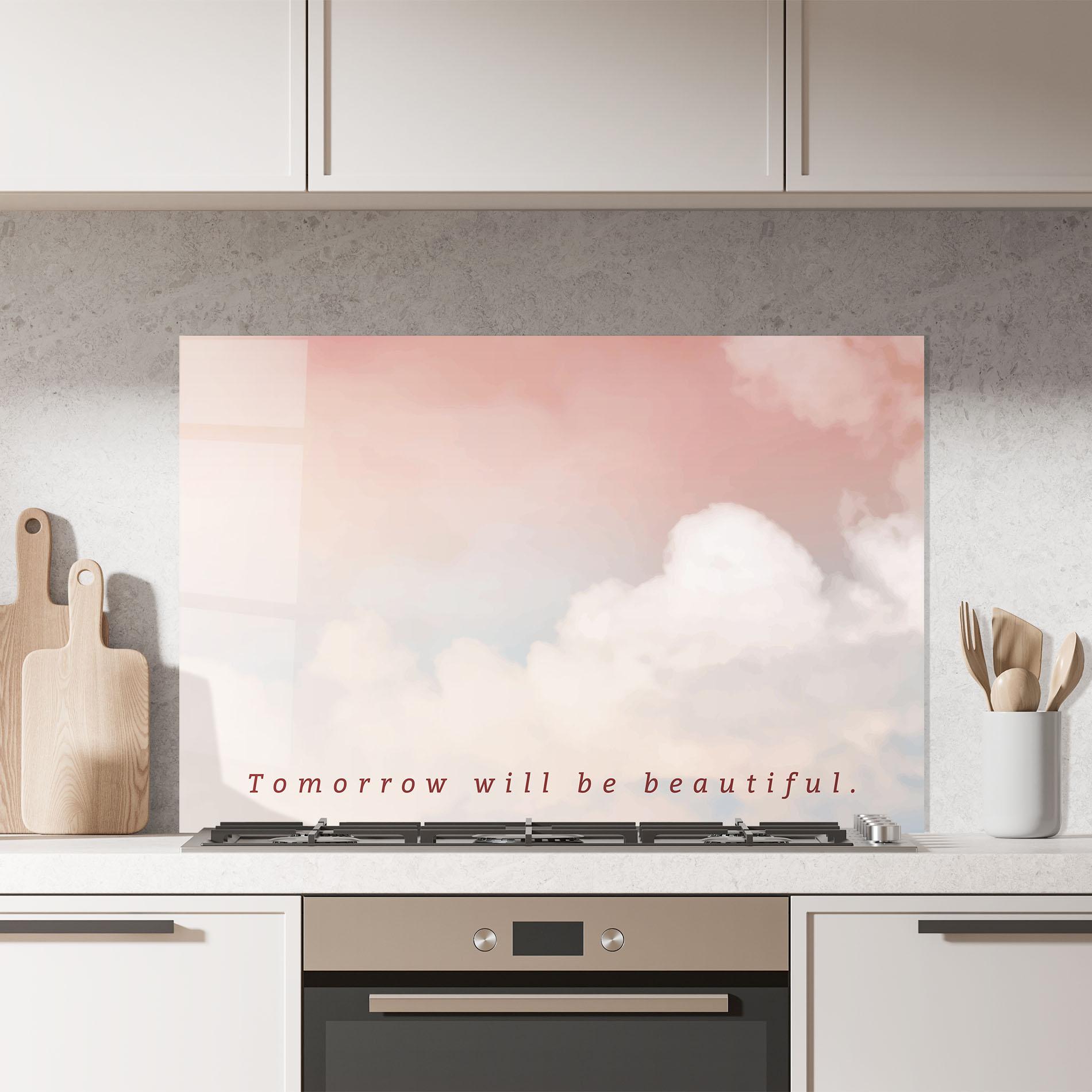Panou Sticla Bucatarie Clouds Text Pink Blue mockup 7
