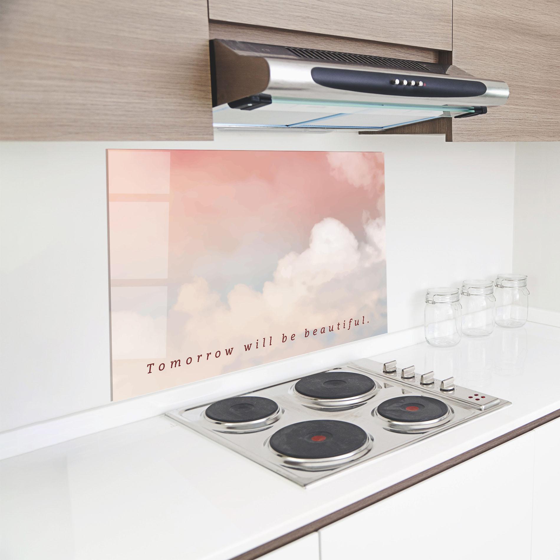 Panou Sticla Bucatarie Clouds Text Pink Blue mockup 8