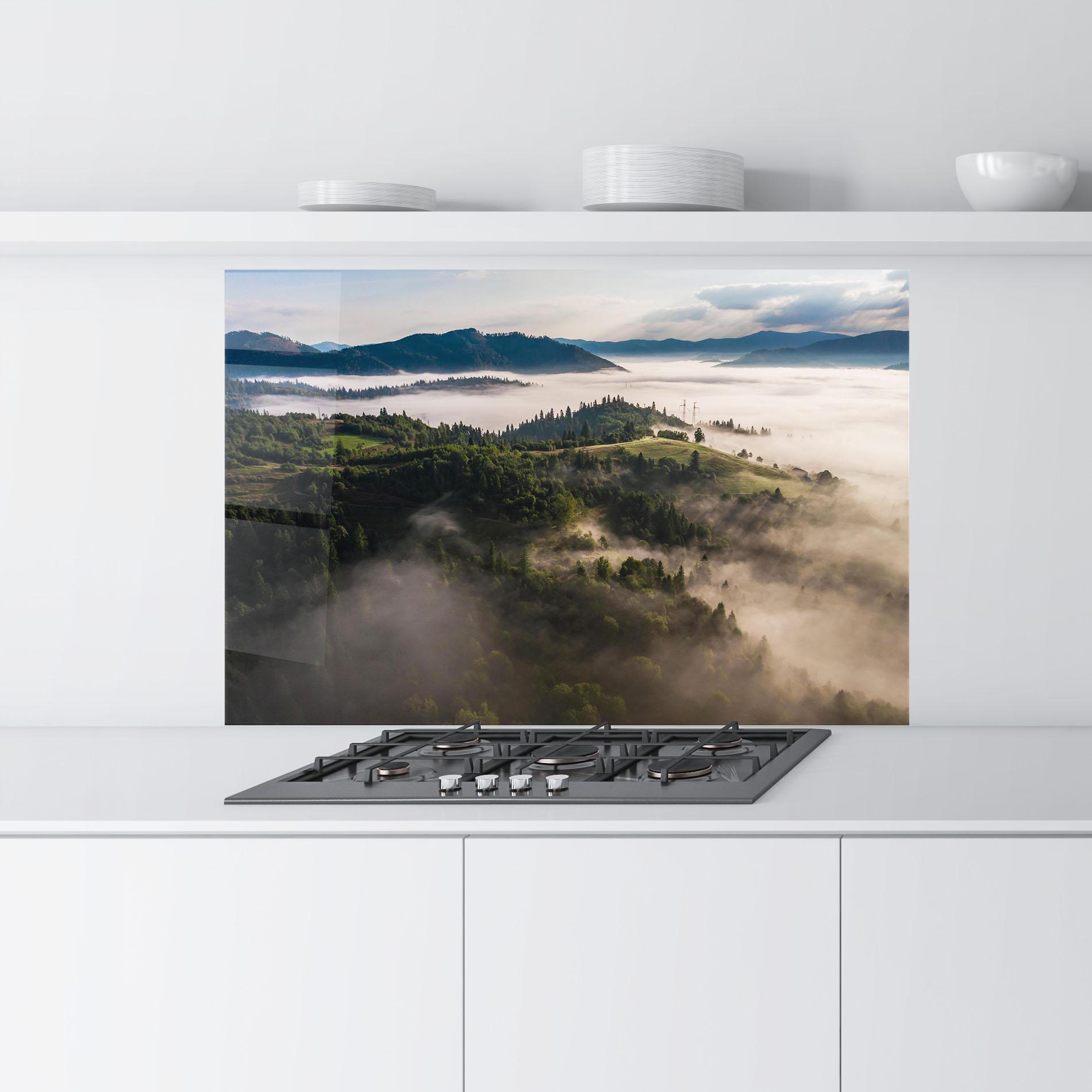 Panou Sticla Bucatarie Foggy Forest View mockup 9