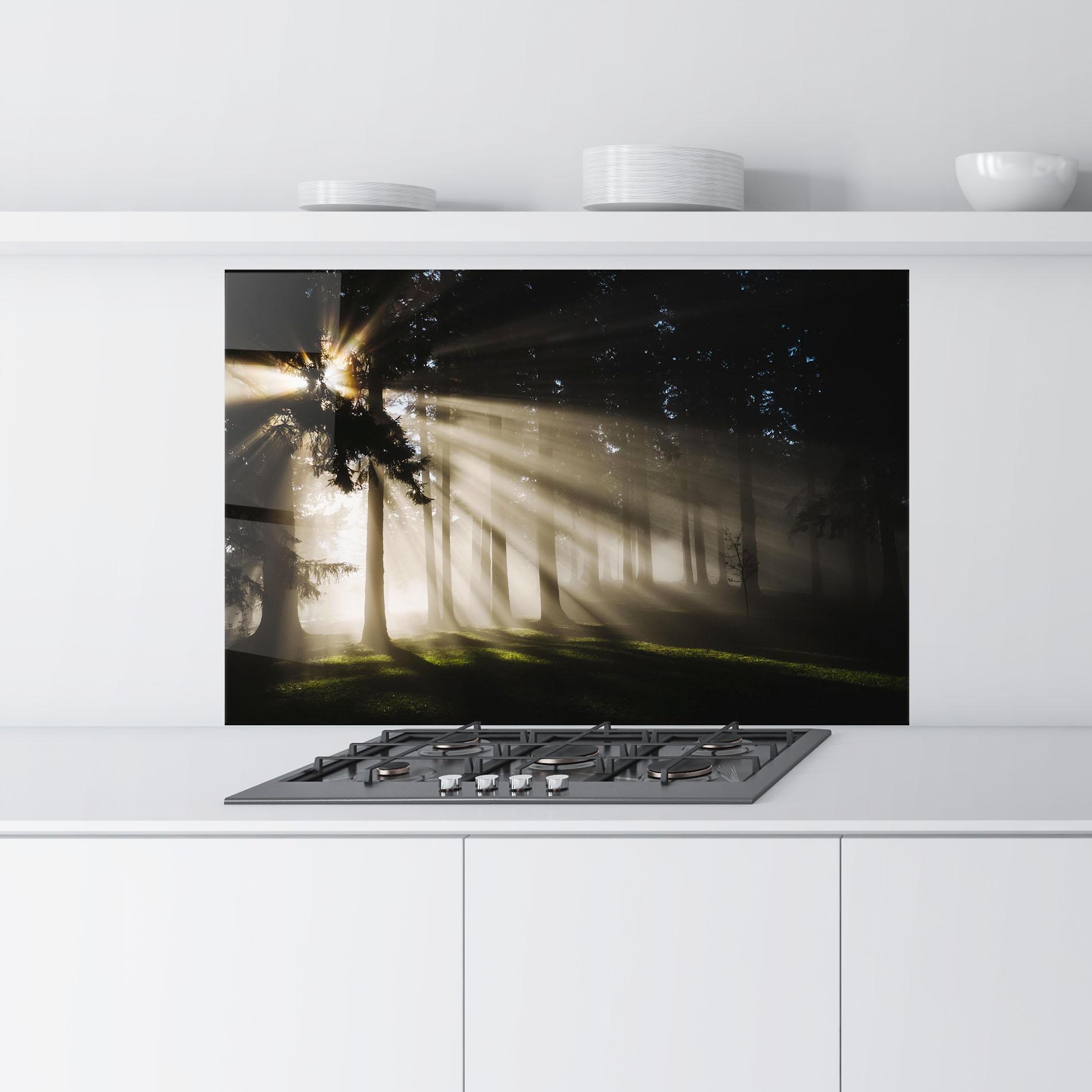 Panou Sticla Bucatarie Forest Foggy Daylight mockup 9