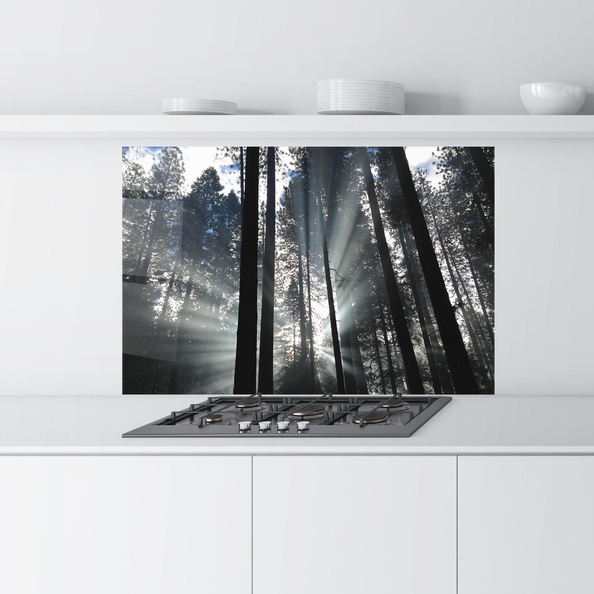 Panou Sticla Bucatarie Morning Light Forest mockup 9