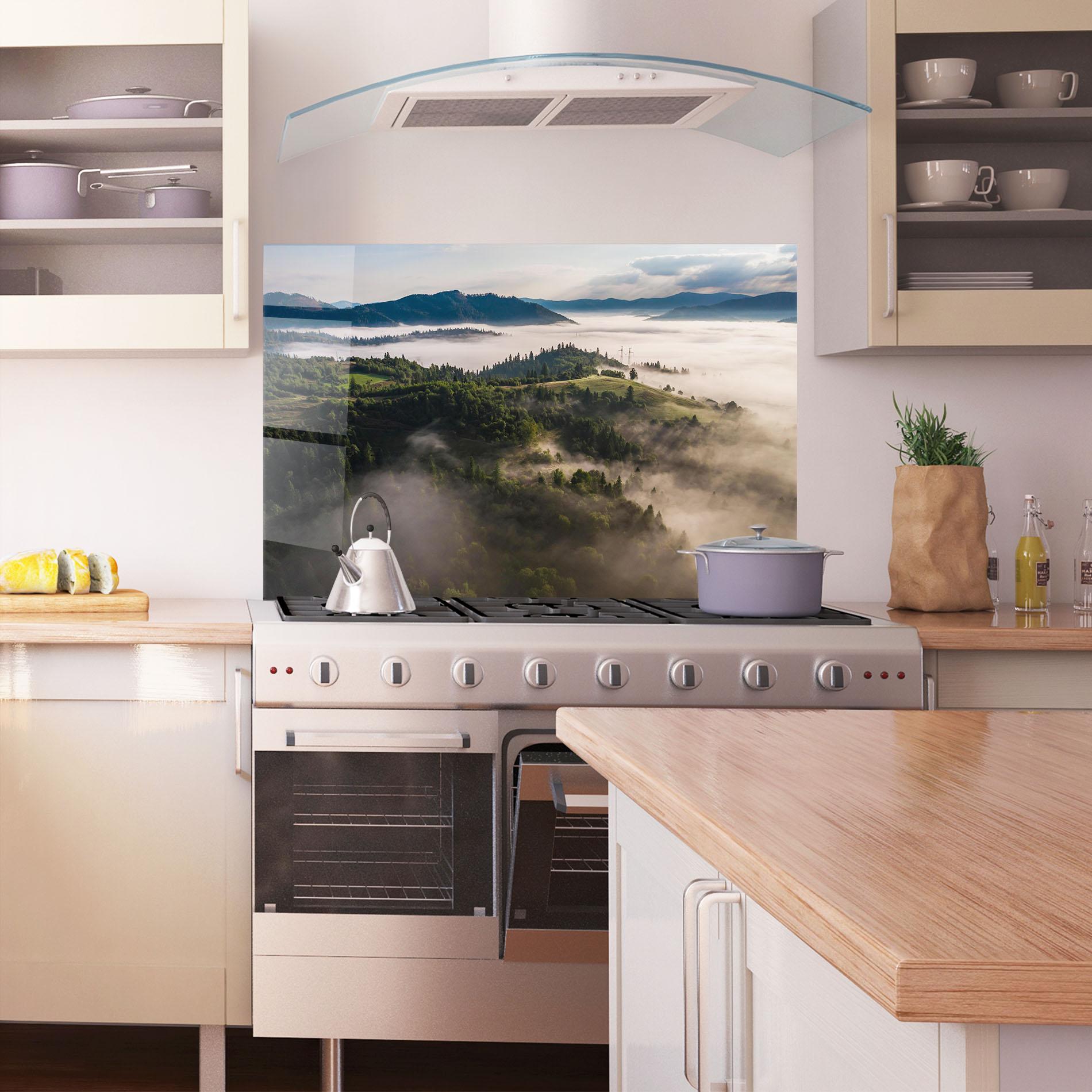 Panou Sticla Bucatarie Foggy Forest View mockup 1