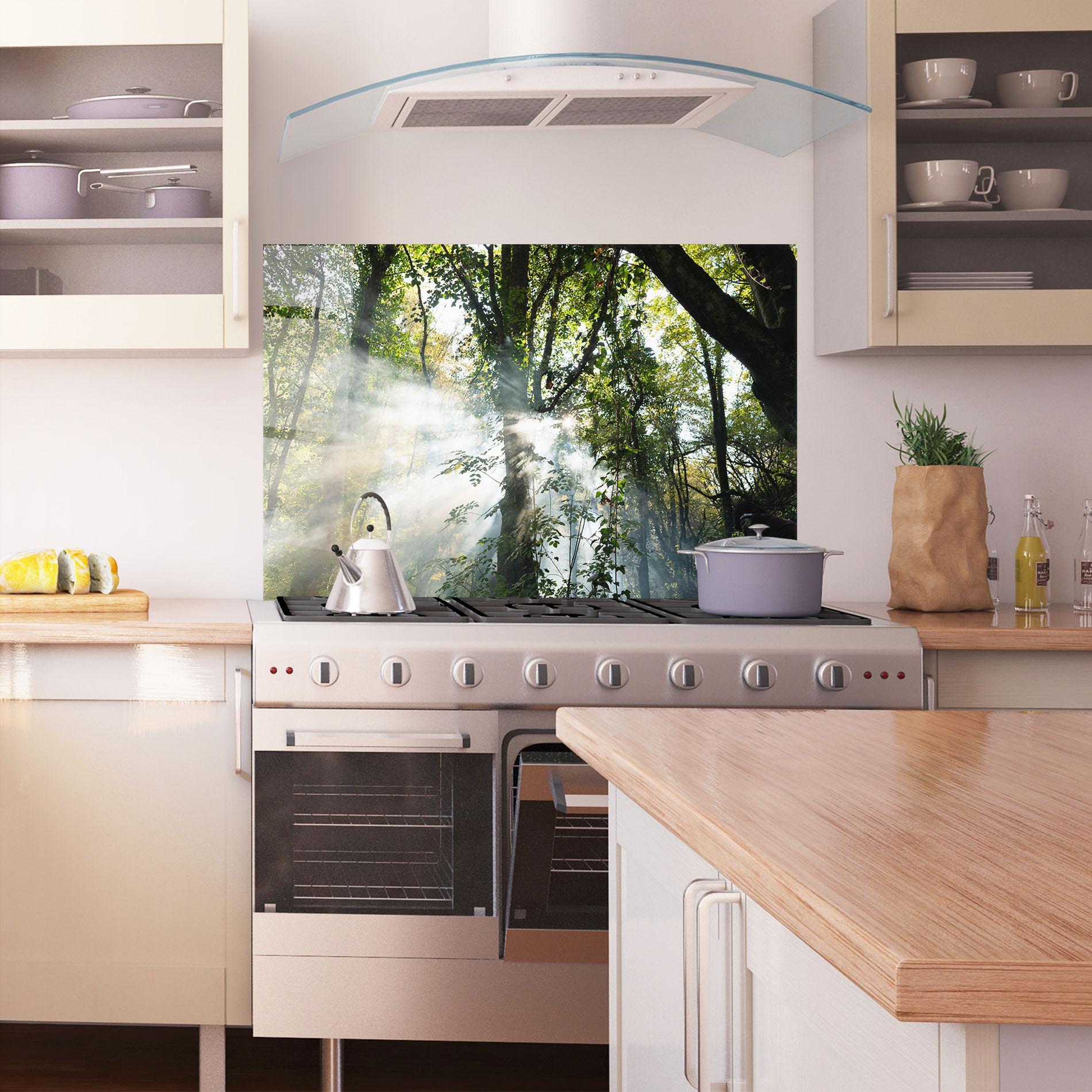 Panou Sticla Bucatarie Foggy Light Forest mockup 1