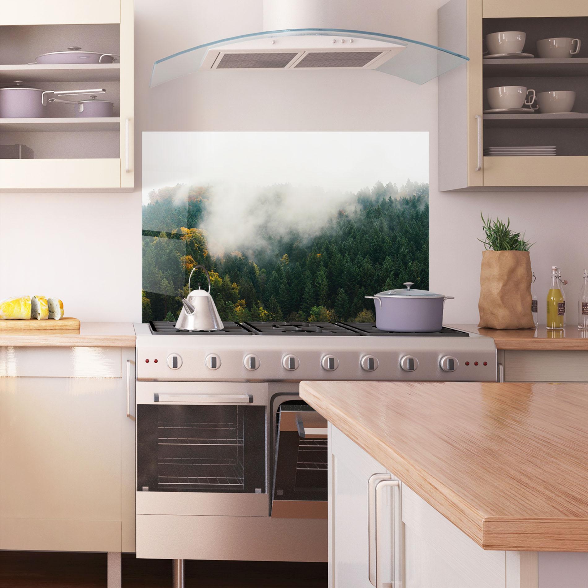 Panou Sticla Bucatarie Foggy Tree Forest mockup 1