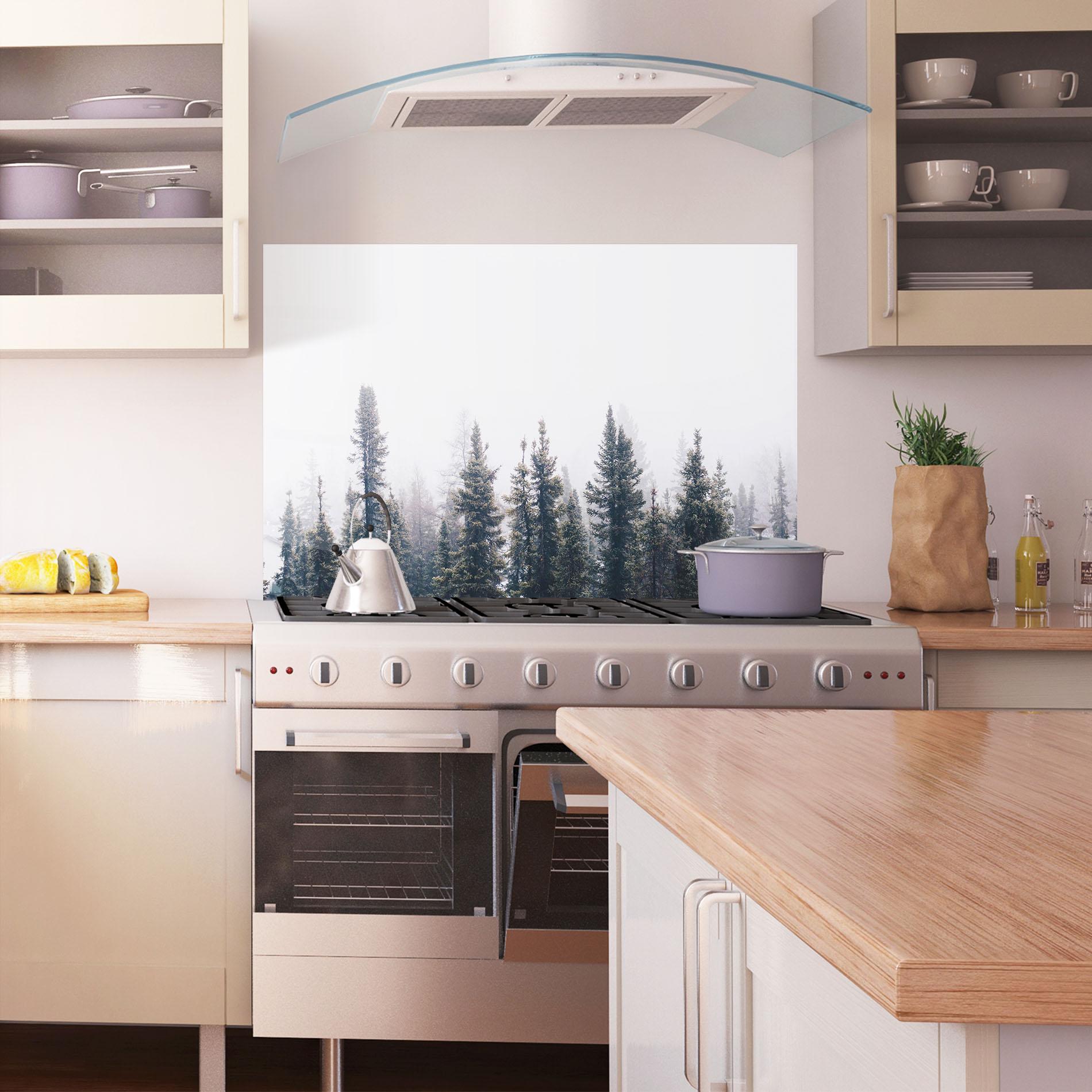 Panou Sticla Bucatarie Grey Foggy Trees mockup 1