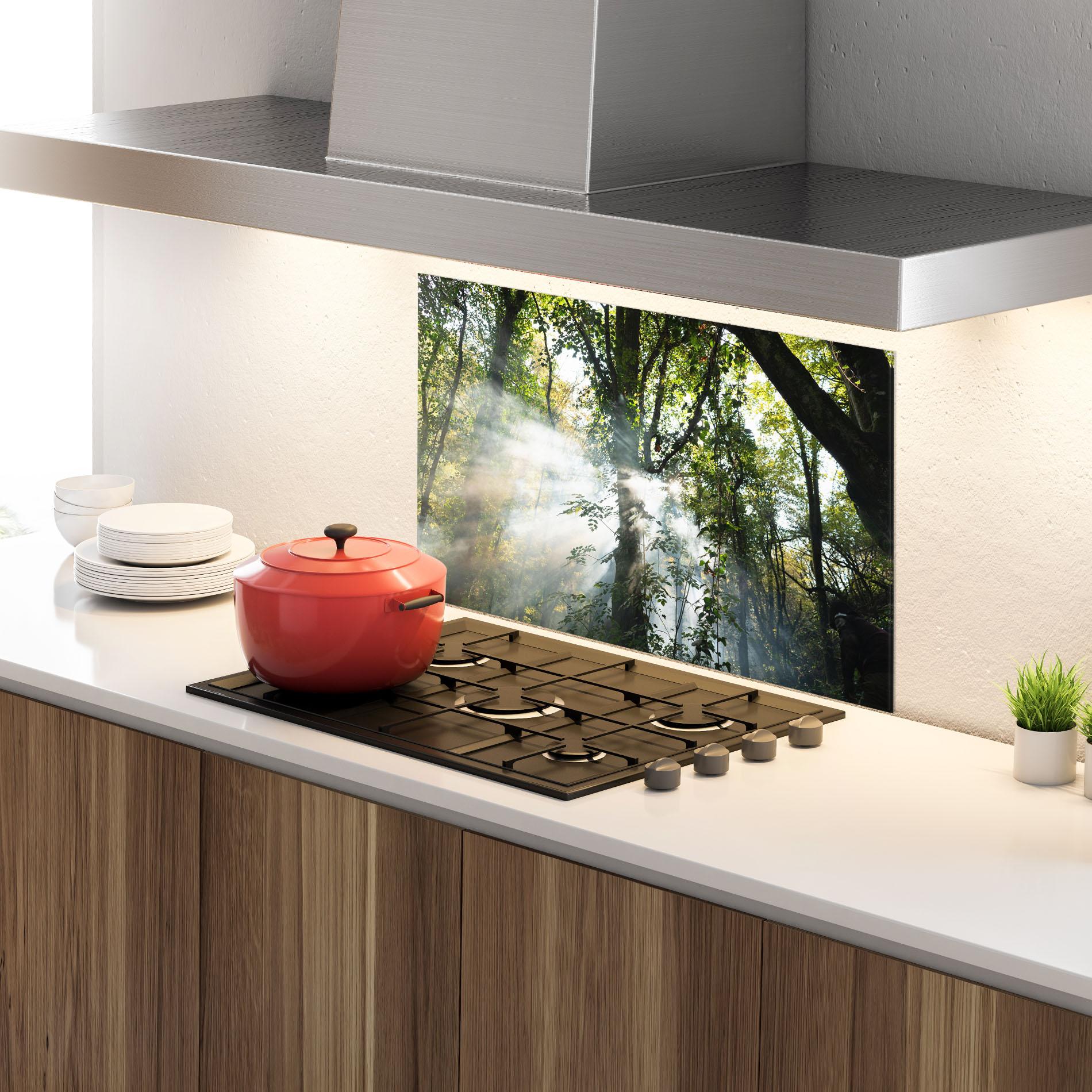 Panou Sticla Bucatarie Foggy Light Forest mockup 4