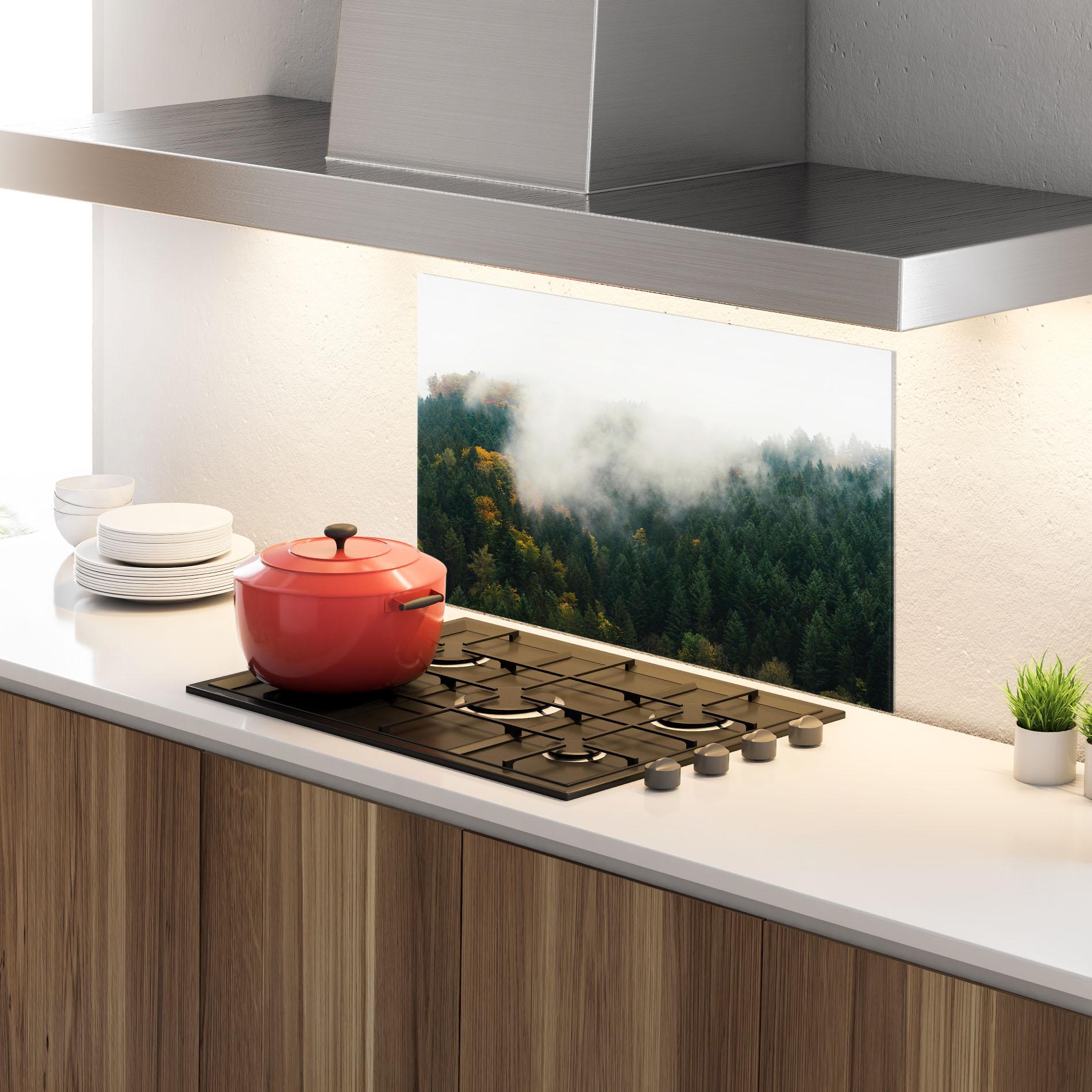 Panou Sticla Bucatarie Foggy Tree Forest mockup 4