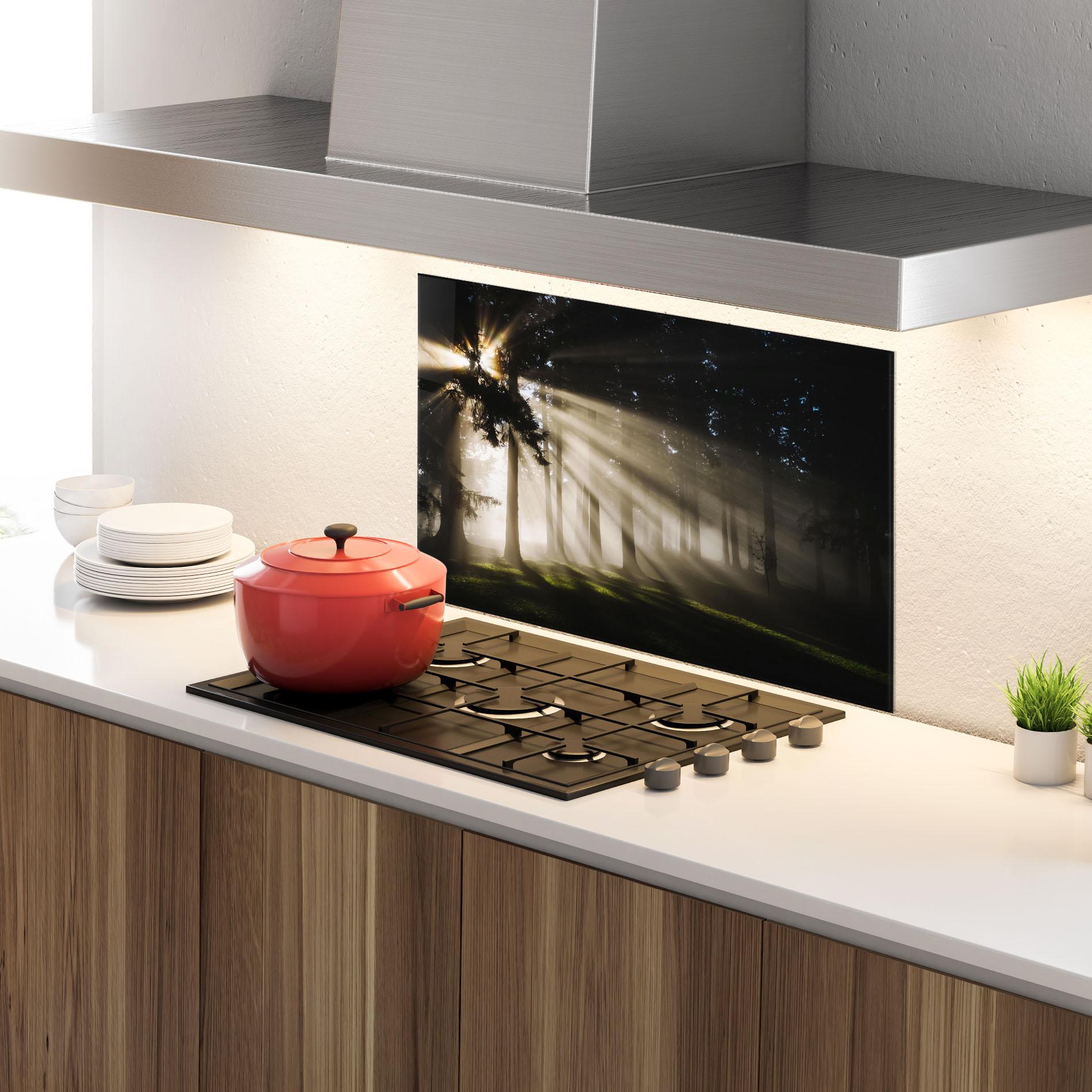 Panou Sticla Bucatarie Forest Foggy Daylight mockup 4