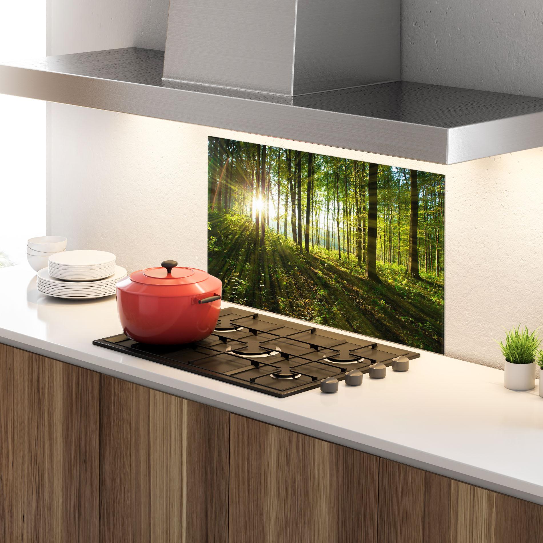 Panou Sticla Bucatarie Green Light Forest mockup 4