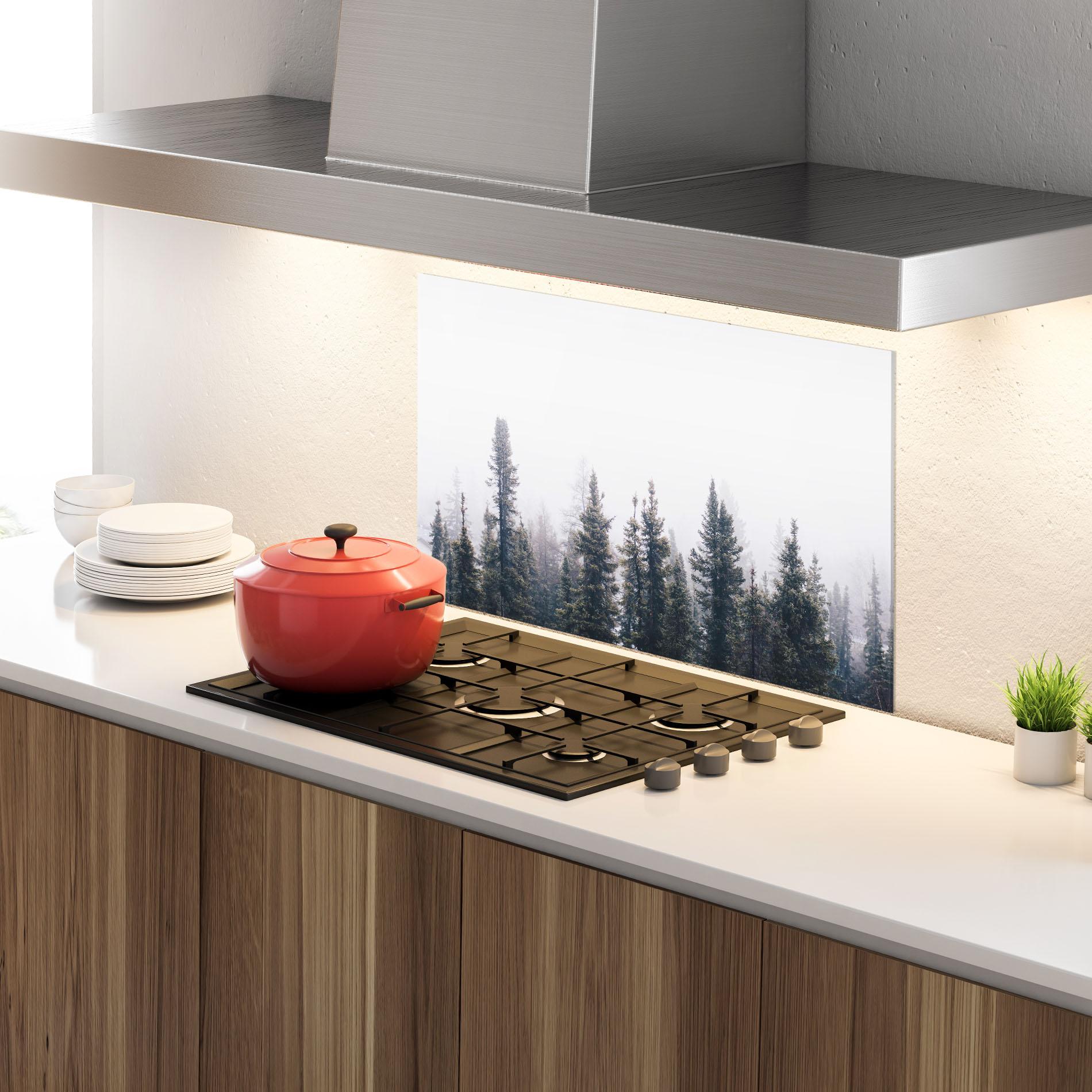 Panou Sticla Bucatarie Grey Foggy Trees mockup 4