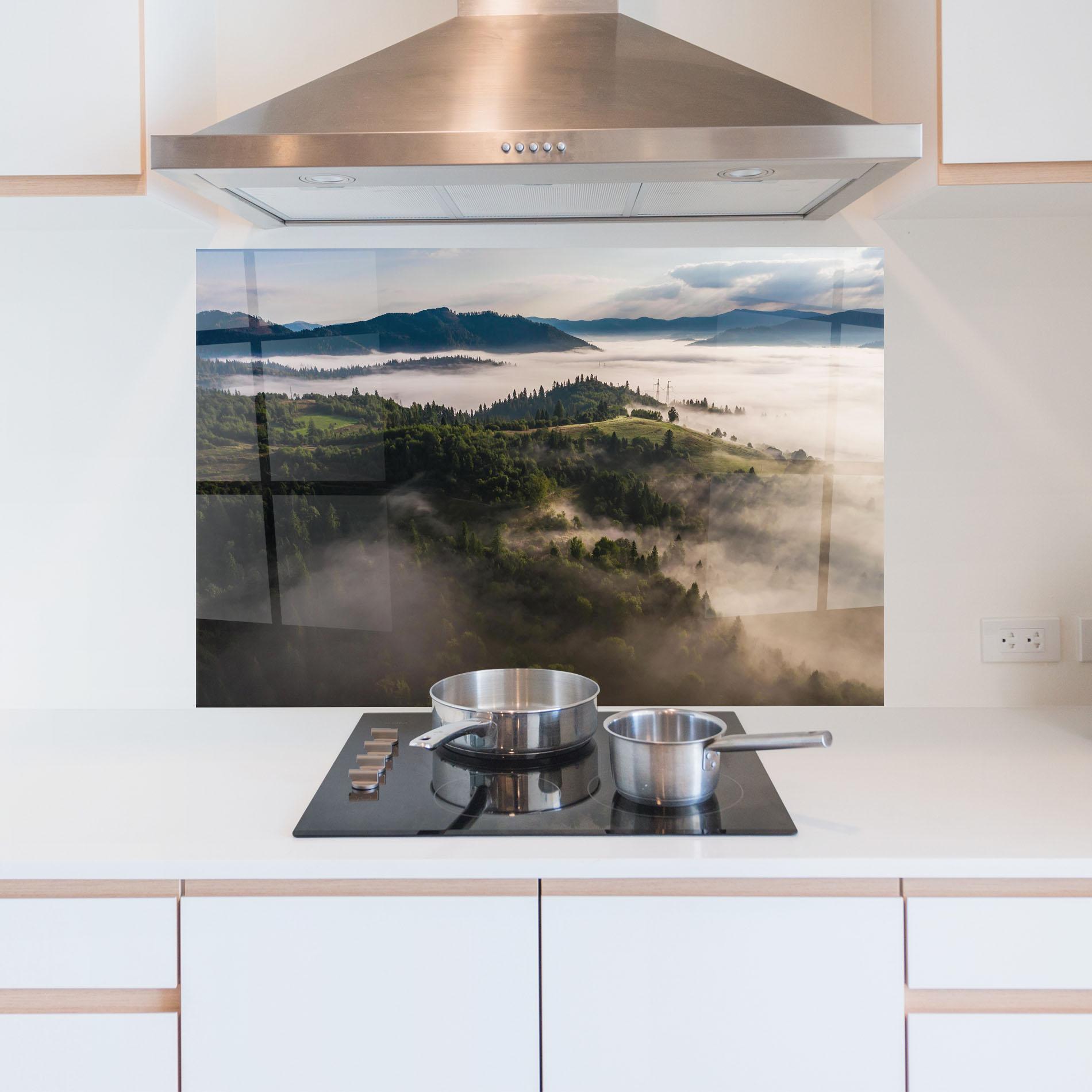 Panou Sticla Bucatarie Foggy Forest View mockup 5