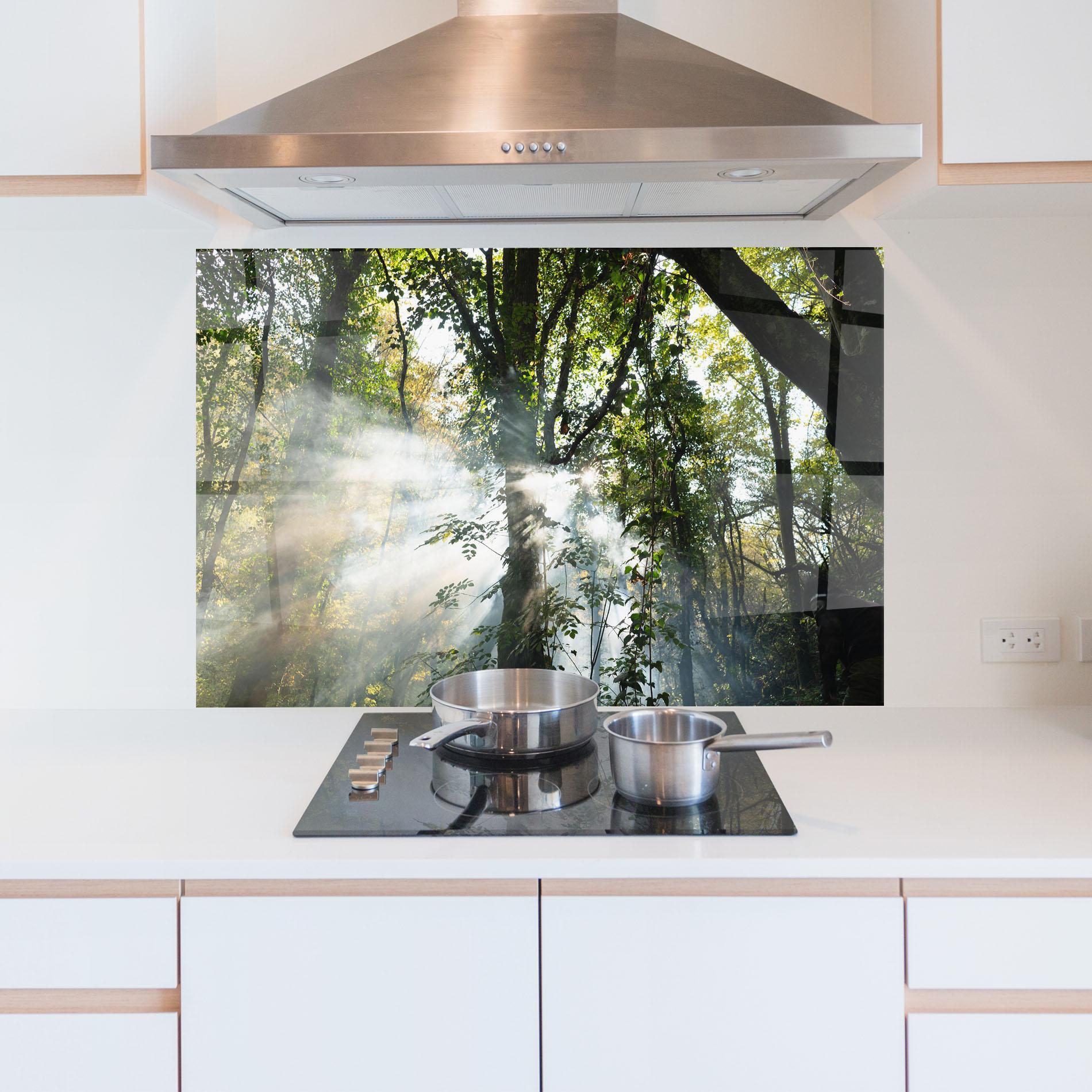 Panou Sticla Bucatarie Foggy Light Forest mockup 5