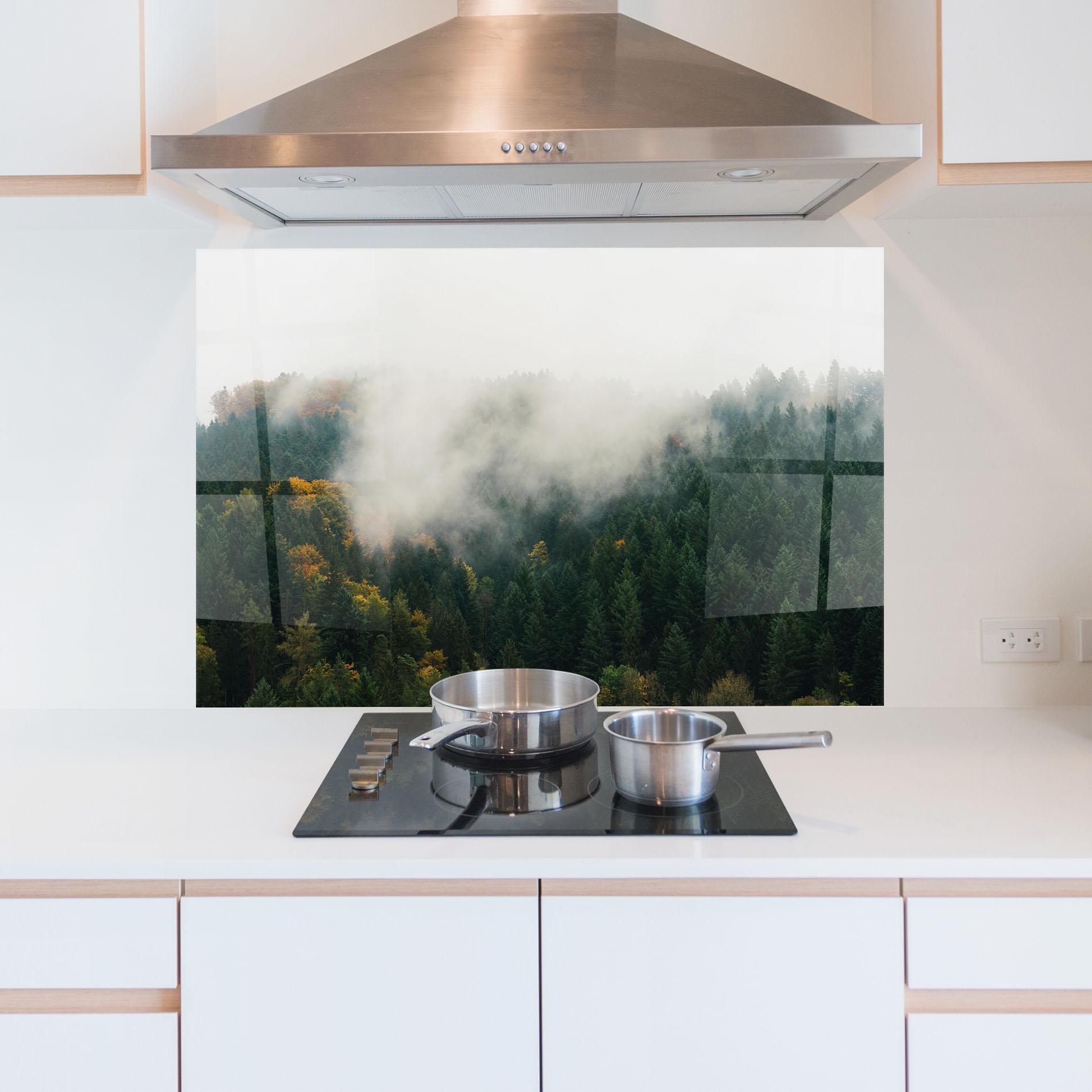 Panou Sticla Bucatarie Foggy Tree Forest mockup 5