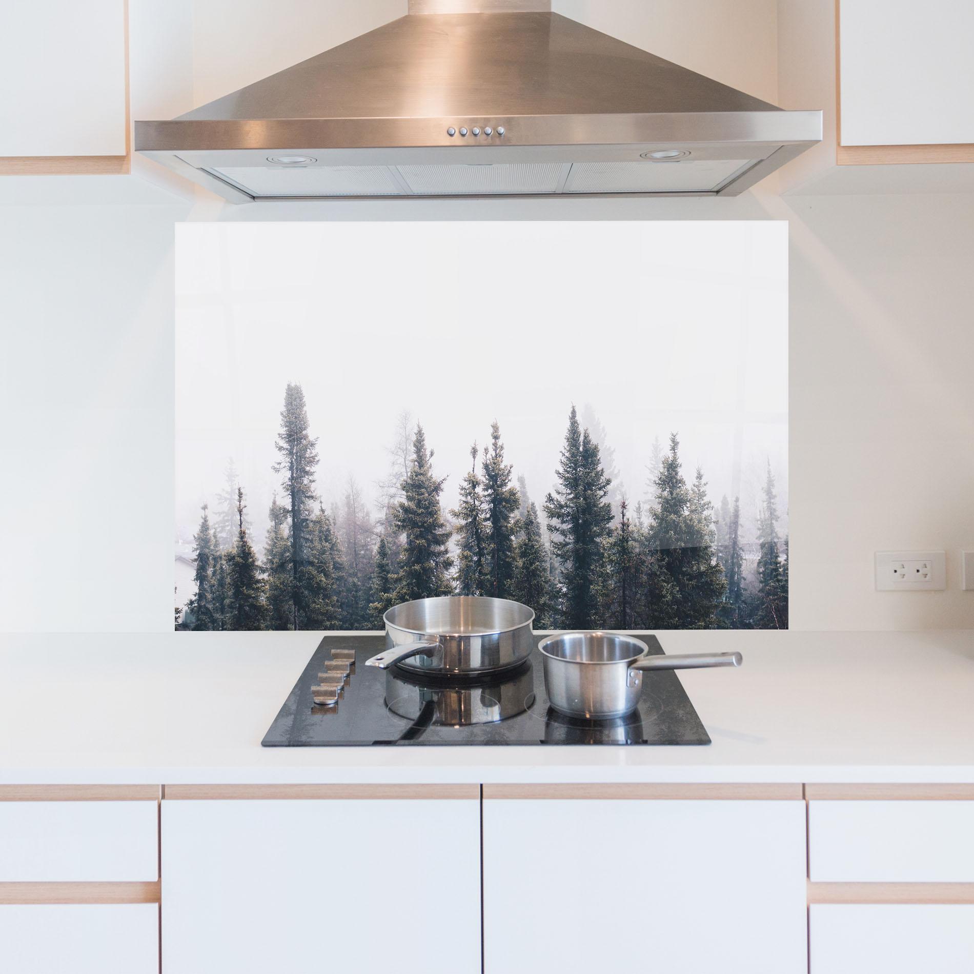 Panou Sticla Bucatarie Grey Foggy Trees mockup 5