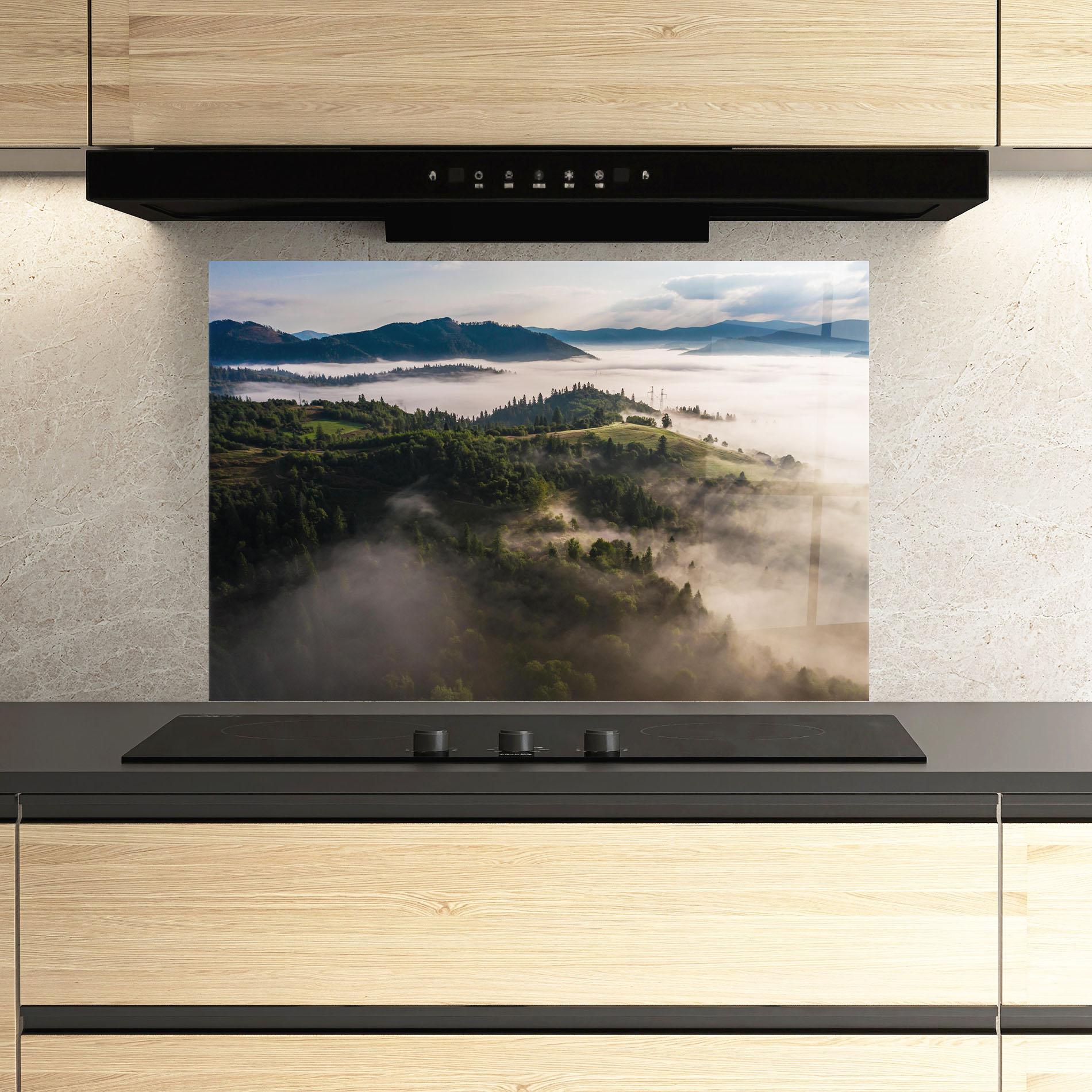 Panou Sticla Bucatarie Foggy Forest View mockup 3