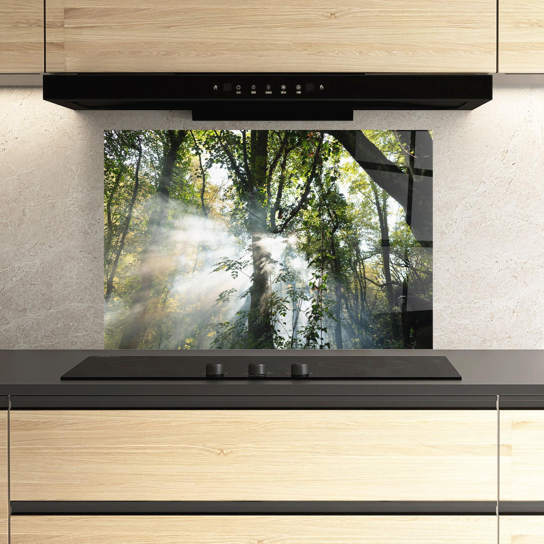 Panou Sticla Bucatarie Foggy Light Forest mockup 3