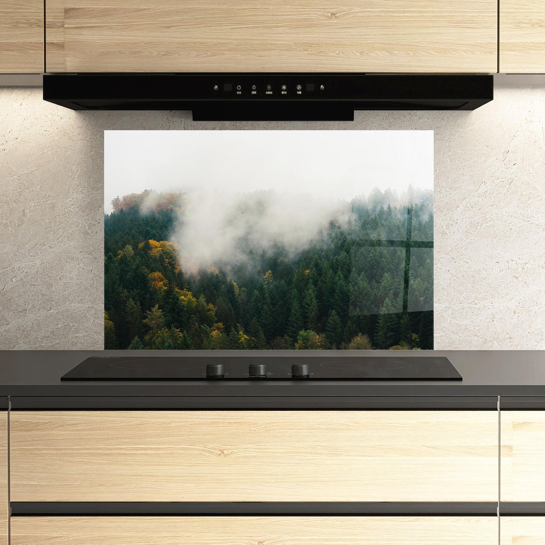 Panou Sticla Bucatarie Foggy Tree Forest mockup 3