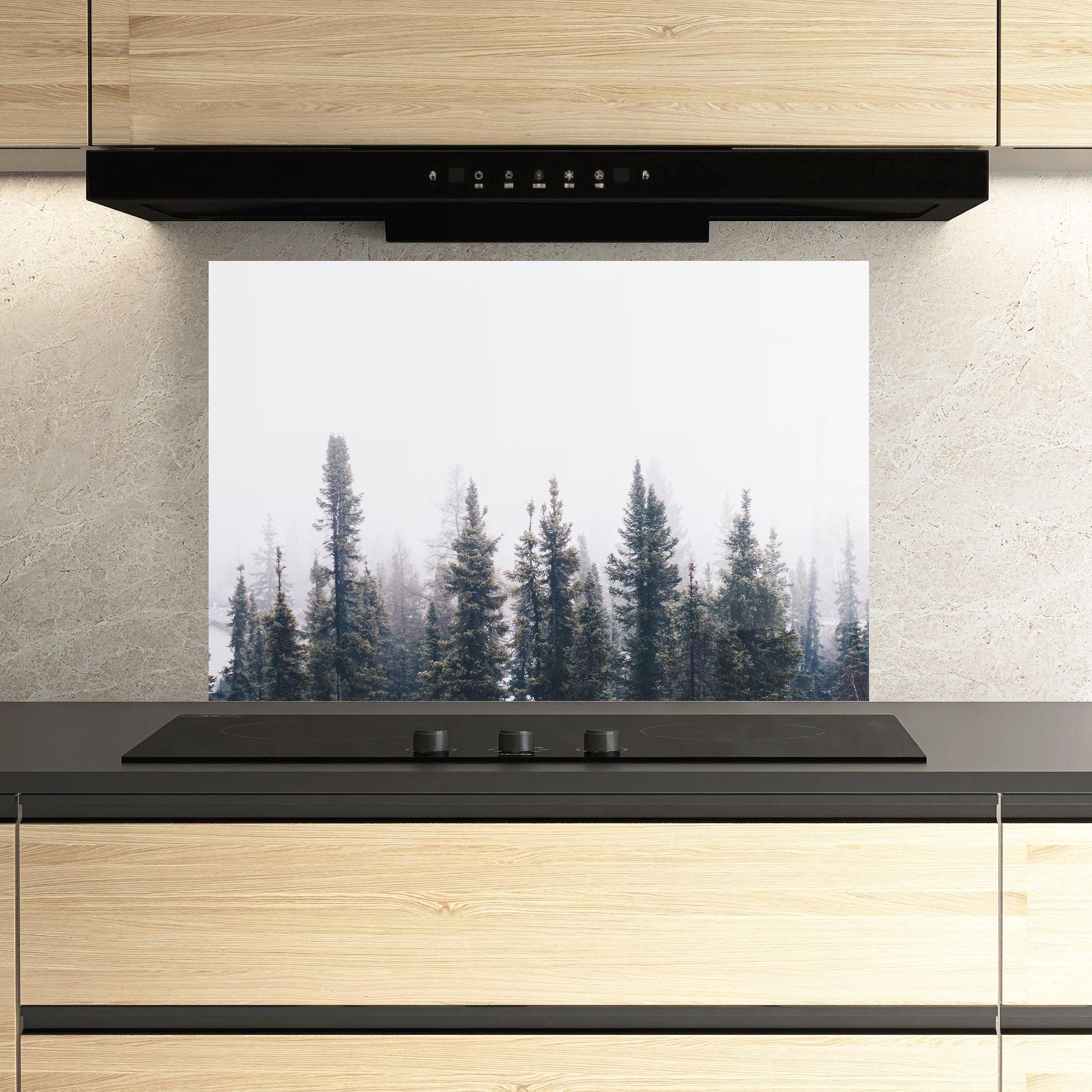 Panou Sticla Bucatarie Grey Foggy Trees mockup 3