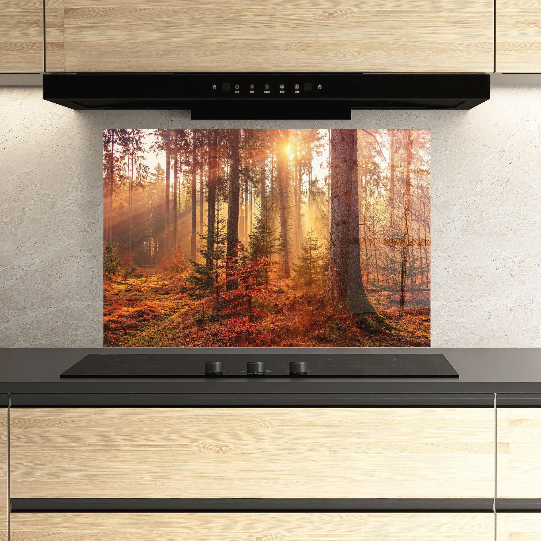 Panou Sticla Bucatarie Orange Light Forest mockup 3