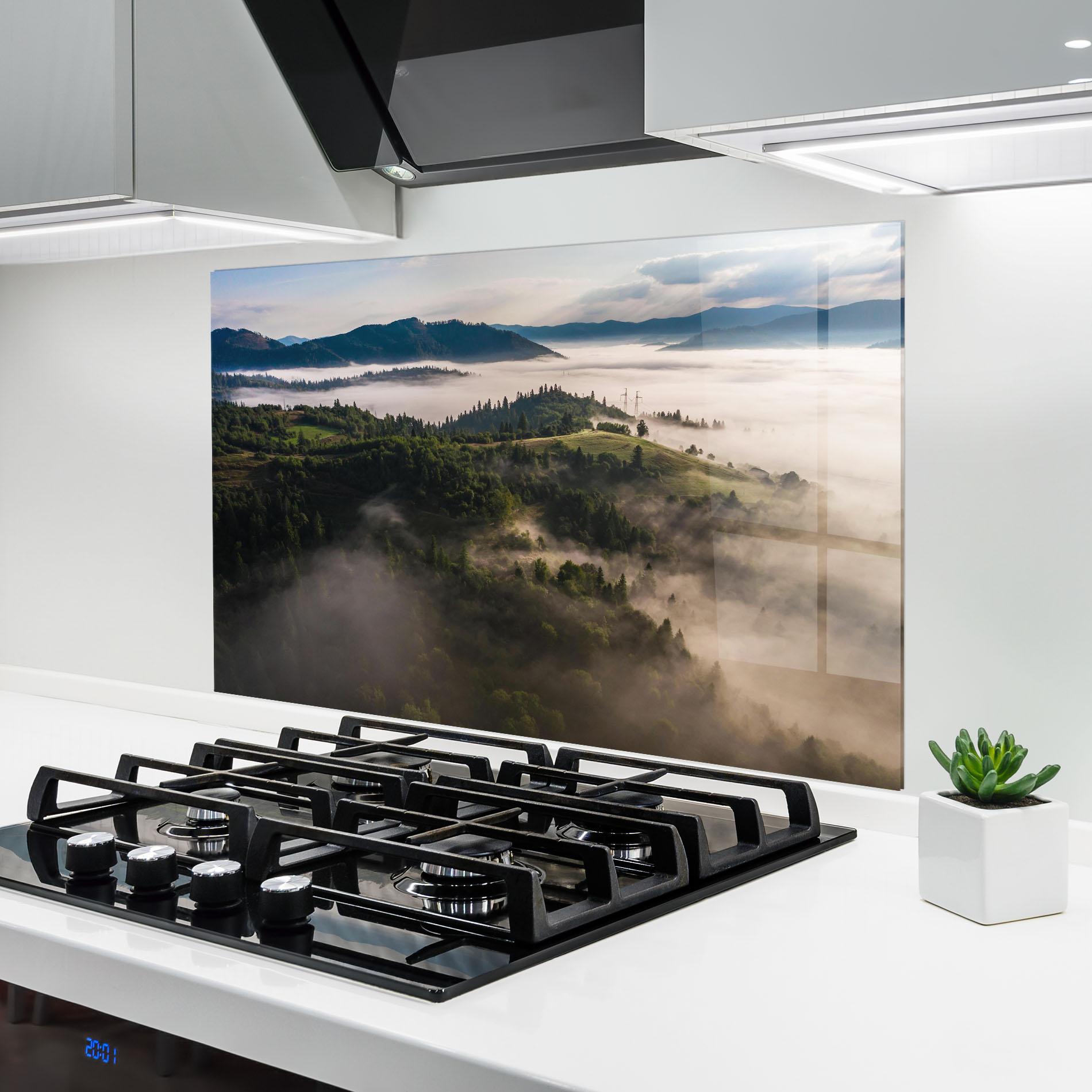 Panou Sticla Bucatarie Foggy Forest View mockup 6