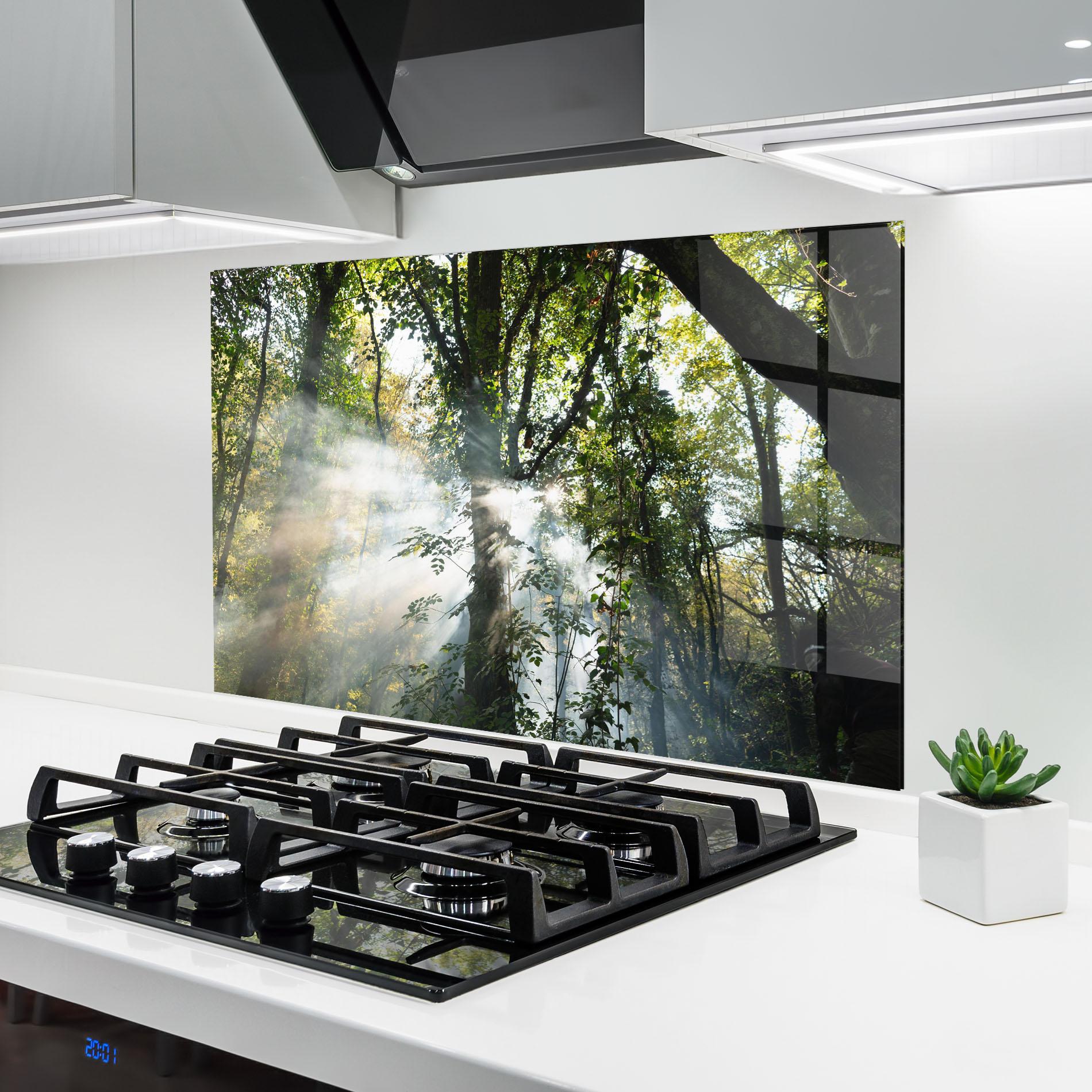 Panou Sticla Bucatarie Foggy Light Forest mockup 6