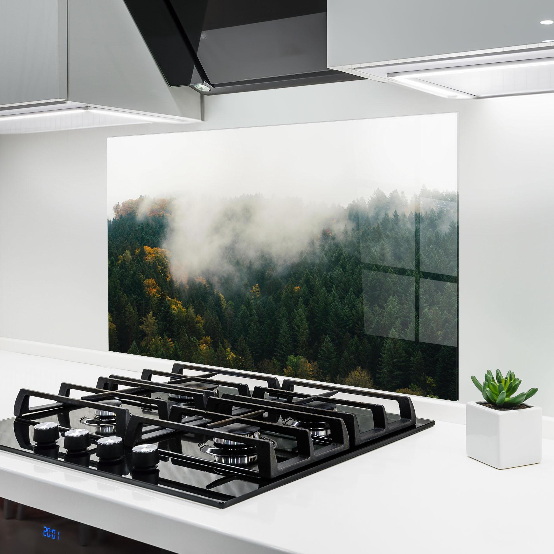 Panou Sticla Bucatarie Foggy Tree Forest mockup 6