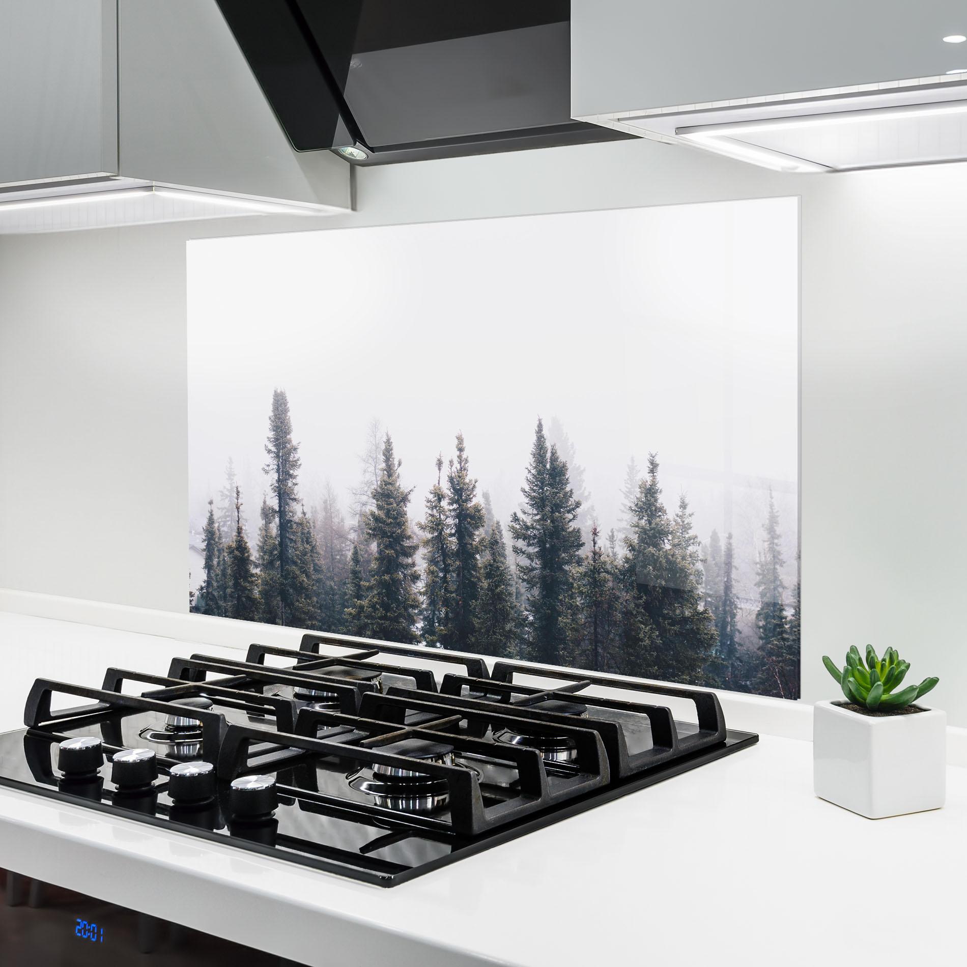 Panou Sticla Bucatarie Grey Foggy Trees mockup 6