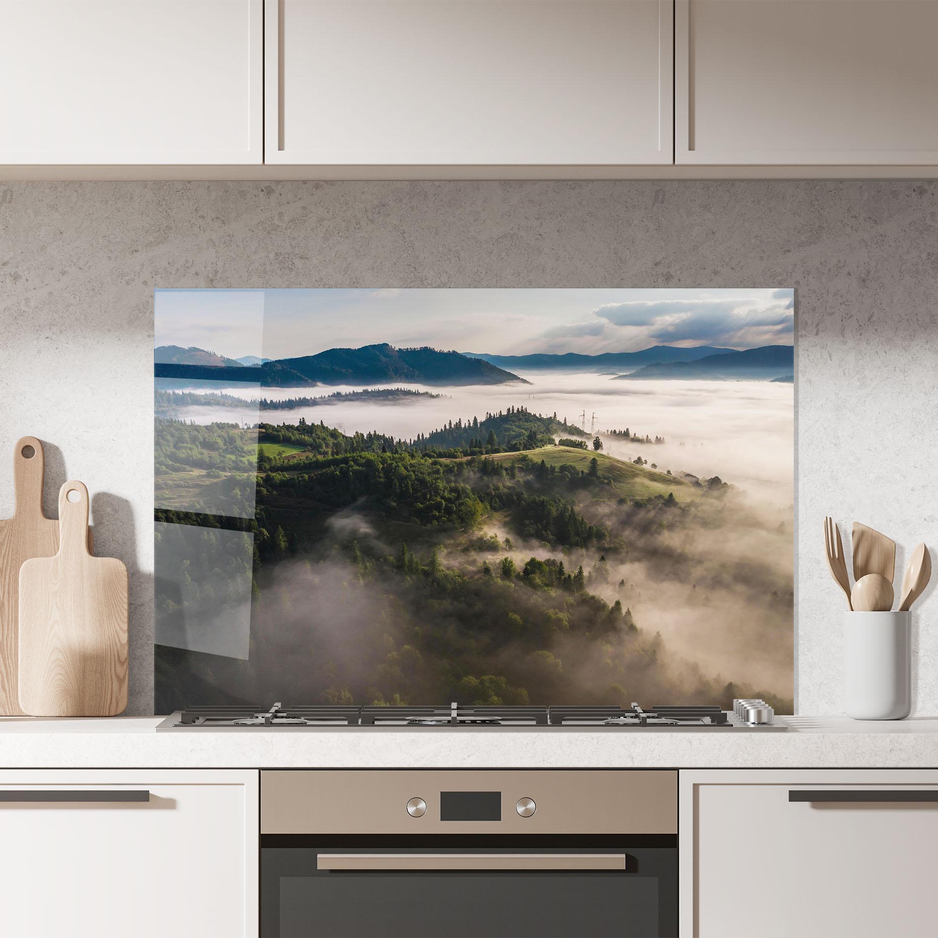 Panou Sticla Bucatarie Foggy Forest View mockup 7
